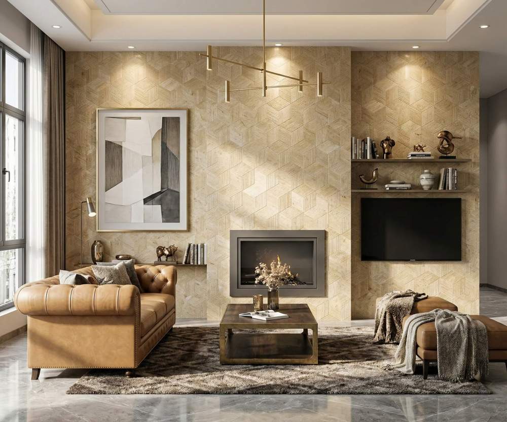 Cozy yet upscale living room featuring a fireplace surround and accent wall designed with our premium fluted hexagon gold marble tiles.
