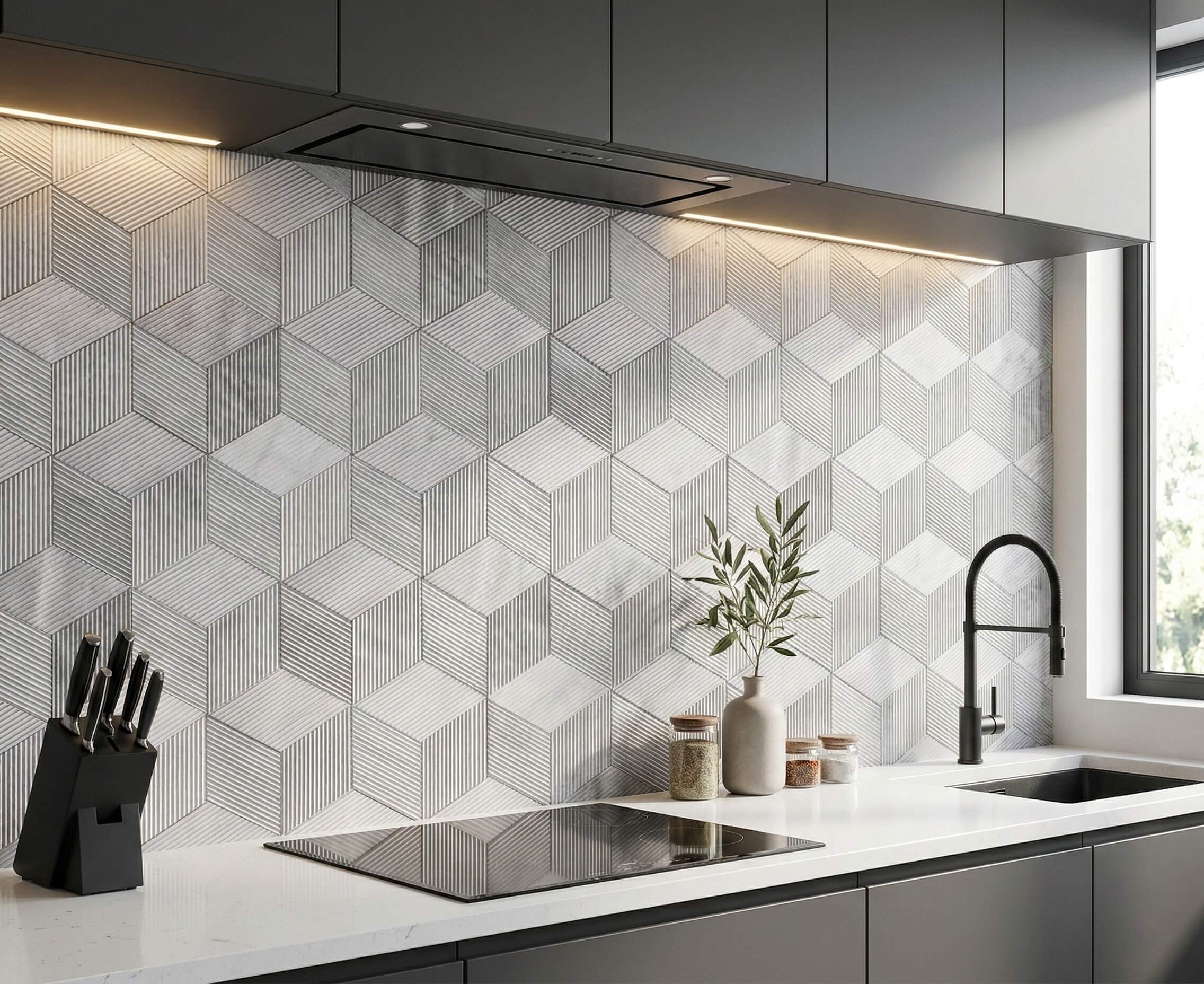 Modern kitchen backsplash featuring durable Carrara Gray OL textured finish marble tiles, perfectly blending geometric 3D art with natural stone.