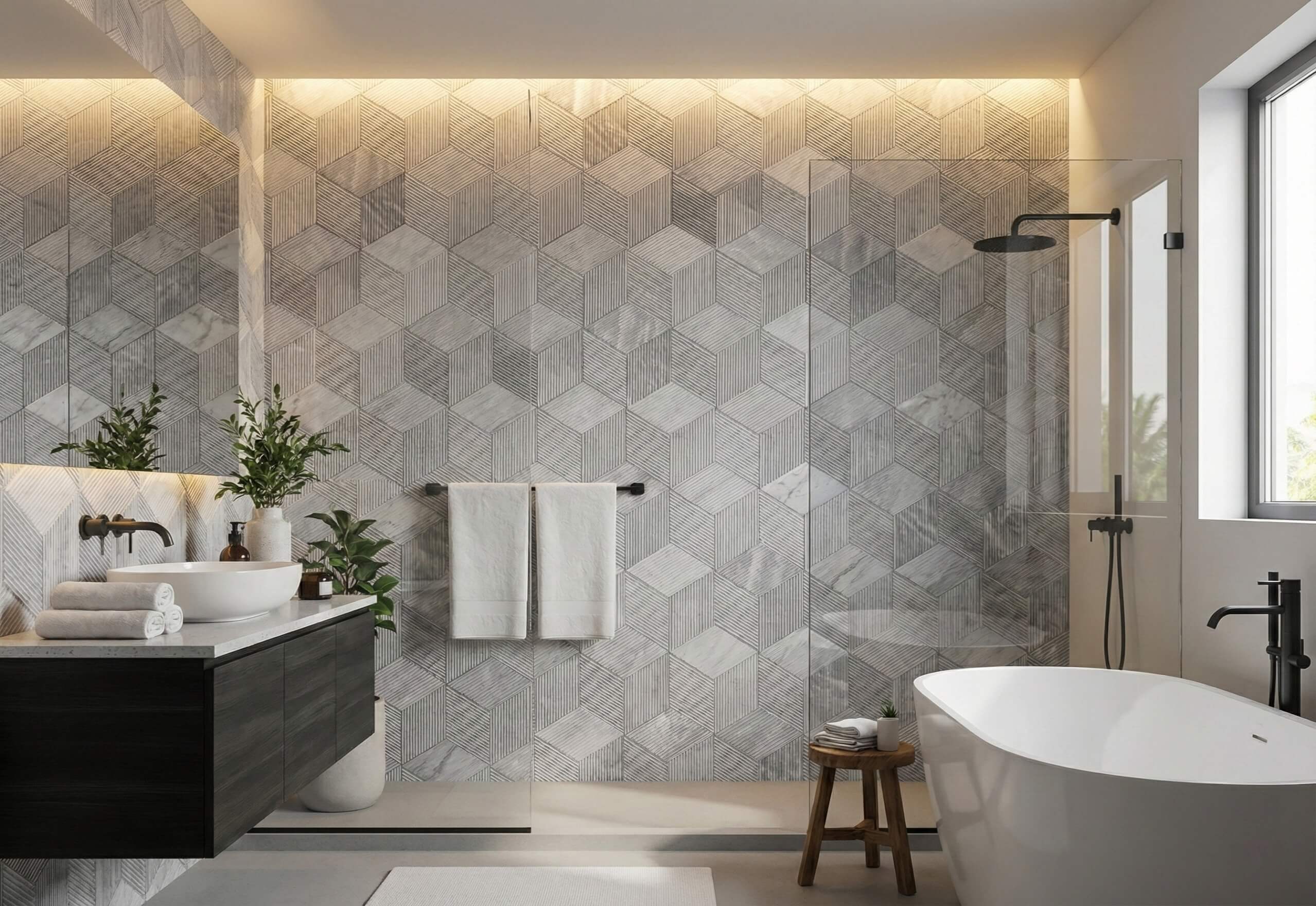 Sophisticated bathroom design featuring a premium Carrara Gray fluted marble tile feature wall, available in-stock at US warehouses for fast shipping.