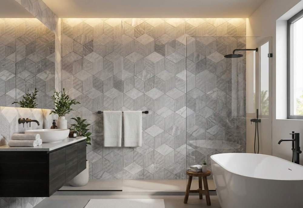 Sophisticated bathroom design featuring a premium Carrara Gray fluted marble tile feature wall, available in-stock at US warehouses for fast shipping.