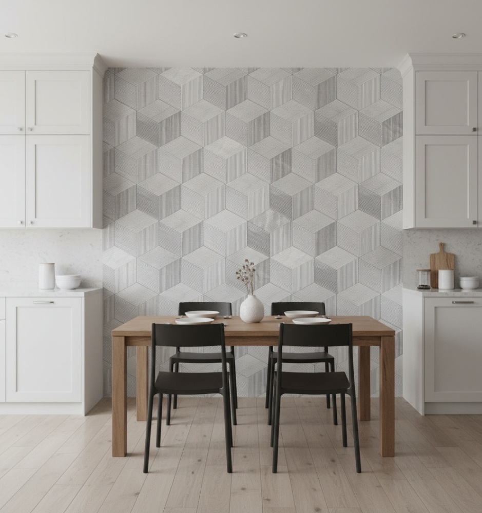 Elegant dining room featuring a 3D fluted Carrara Gray hexagon marble tile accent wall, showcasing 100% premium natural stone.