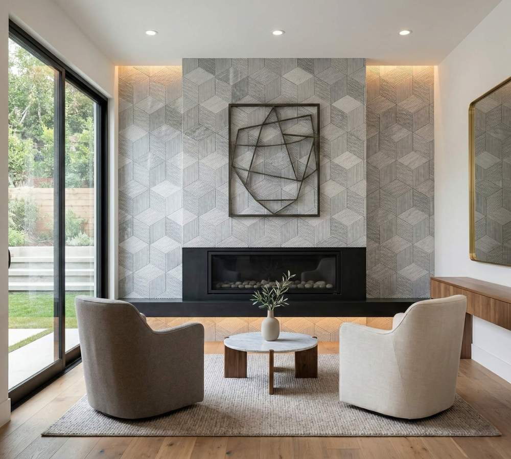 Contemporary fireplace surround using 100% natural Carrara Gray geometric marble tiles, adding an artistic architectural element to the space.