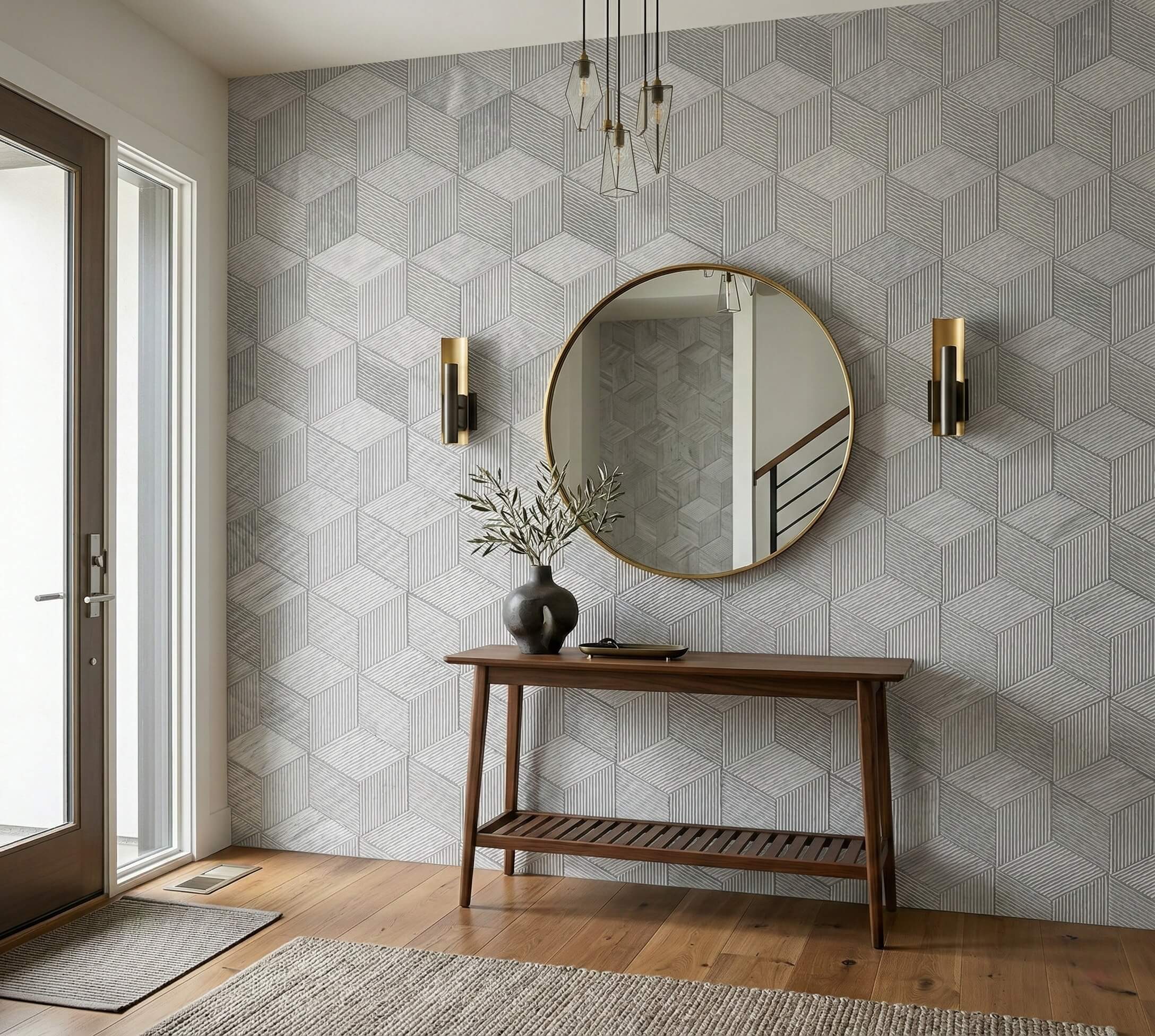 Stylish entryway console area enhanced by a 3D textured Carrara Gray hexagon marble tile wall, creating a luxurious first impression.