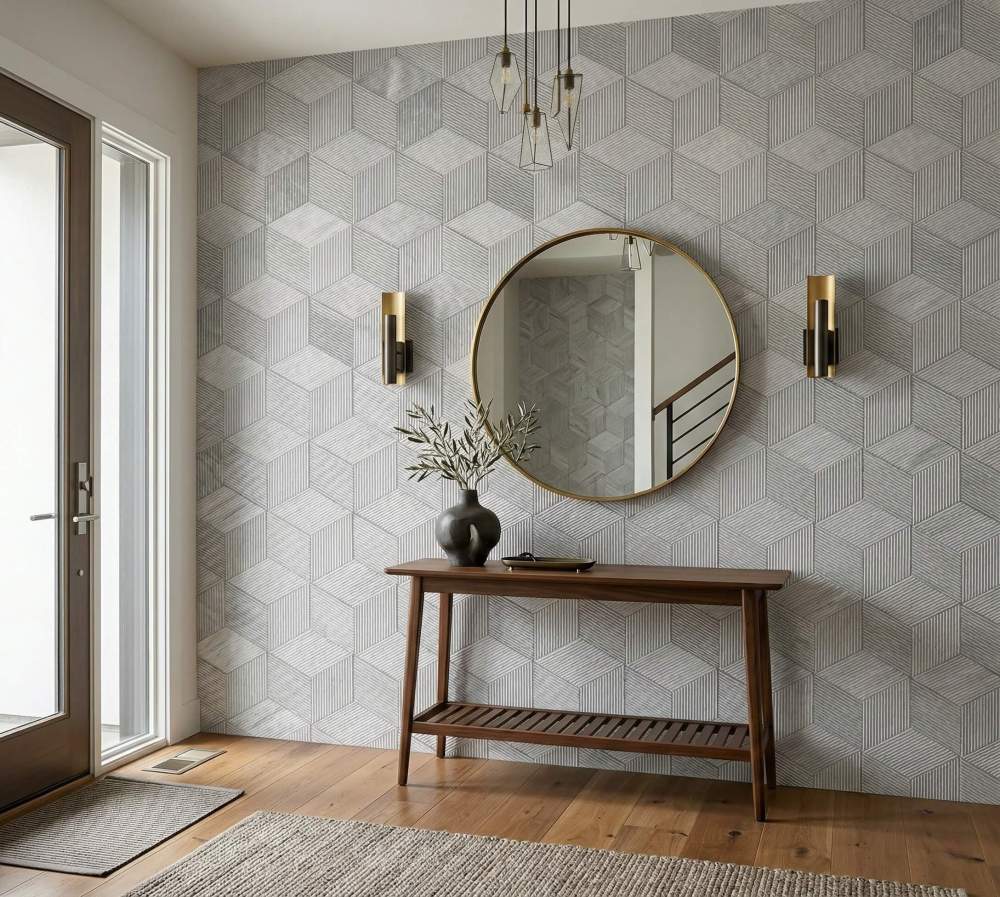 Stylish entryway console area enhanced by a 3D textured Carrara Gray hexagon marble tile wall, creating a luxurious first impression.