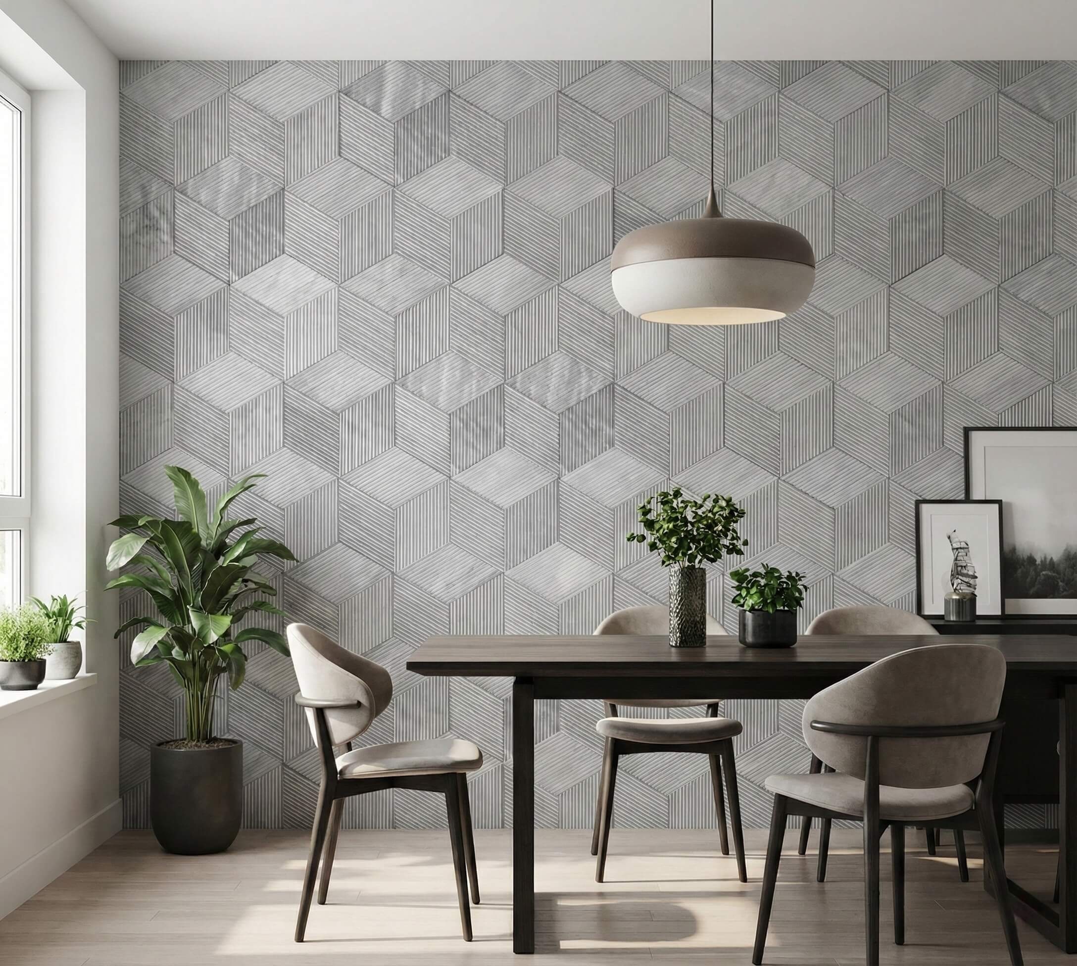 Luxury dining space featuring a continuous 3D optical illusion wall created with beautifully packaged, damage-proof Carrara Gray natural marble tiles.
