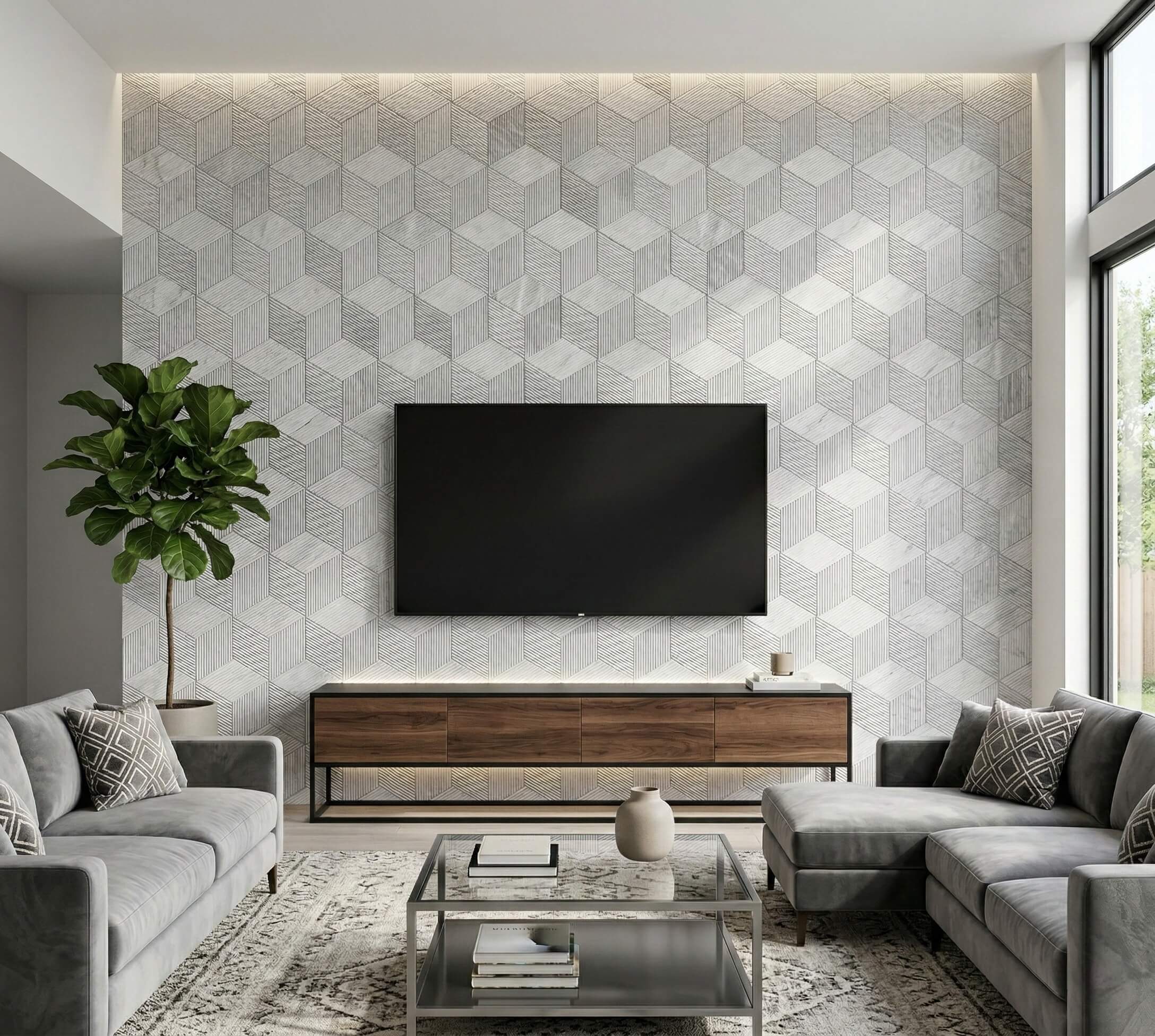 Modern living room TV accent wall decorated with easy-to-install Hexagon Carrara Gray natural marble tiles in a 3D cube pattern.