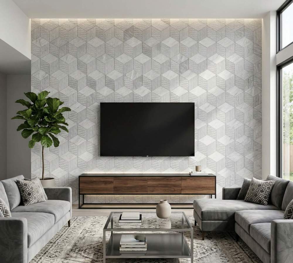 Modern living room TV accent wall decorated with easy-to-install Hexagon Carrara Gray natural marble tiles in a 3D cube pattern.