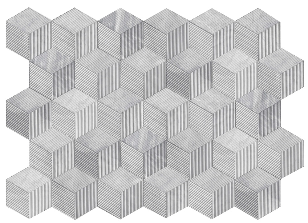 Seamless layout illustration of 30 pieces of Carrara Gray hexagon marble tiles, showcasing the continuous 3D geometric wall design.