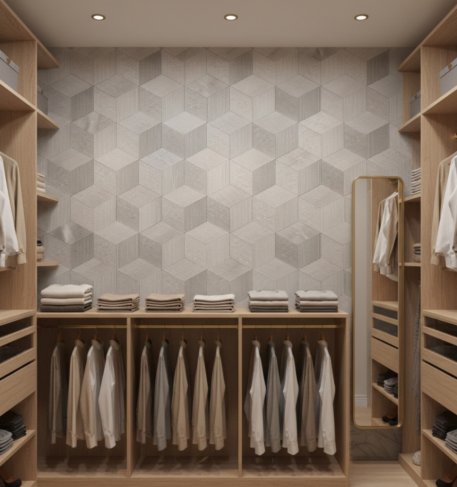 Luxurious walk-in closet design using Carrara Gray geometric textured marble tiles, highlighting unique natural variations in every piece.