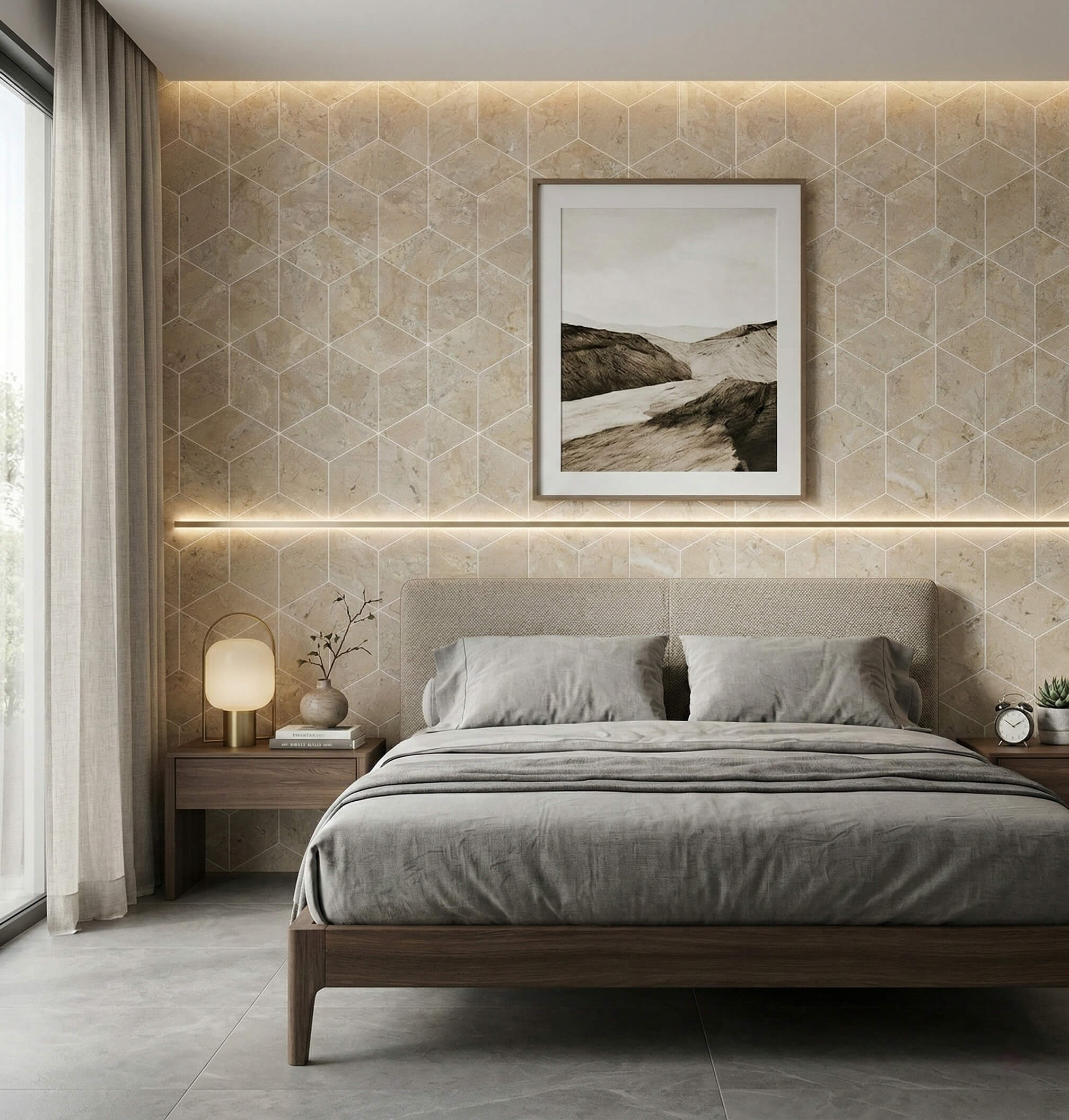 Modern bedroom with Hyatt Gold hexagon honed marble tile feature wall behind a wood bed, showcasing warm beige natural stone wall tile for luxury homes in the USA.