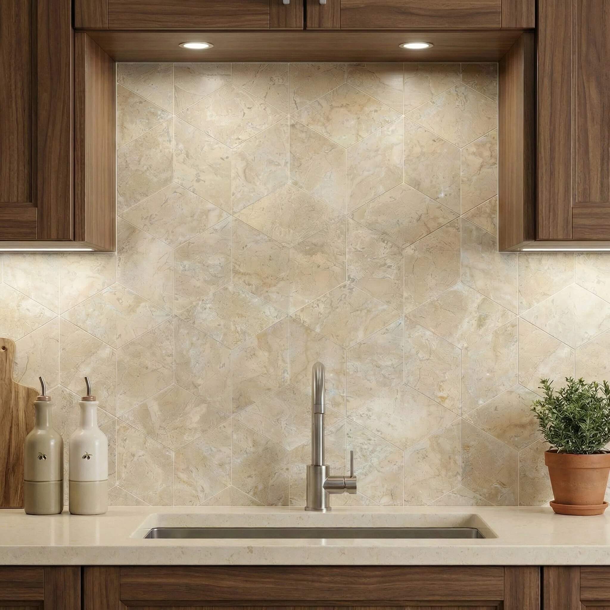 Contemporary American kitchen with Hyatt Gold hexagon honed marble tile backsplash, warm beige natural stone wall tile between wood cabinets and a light countertop.