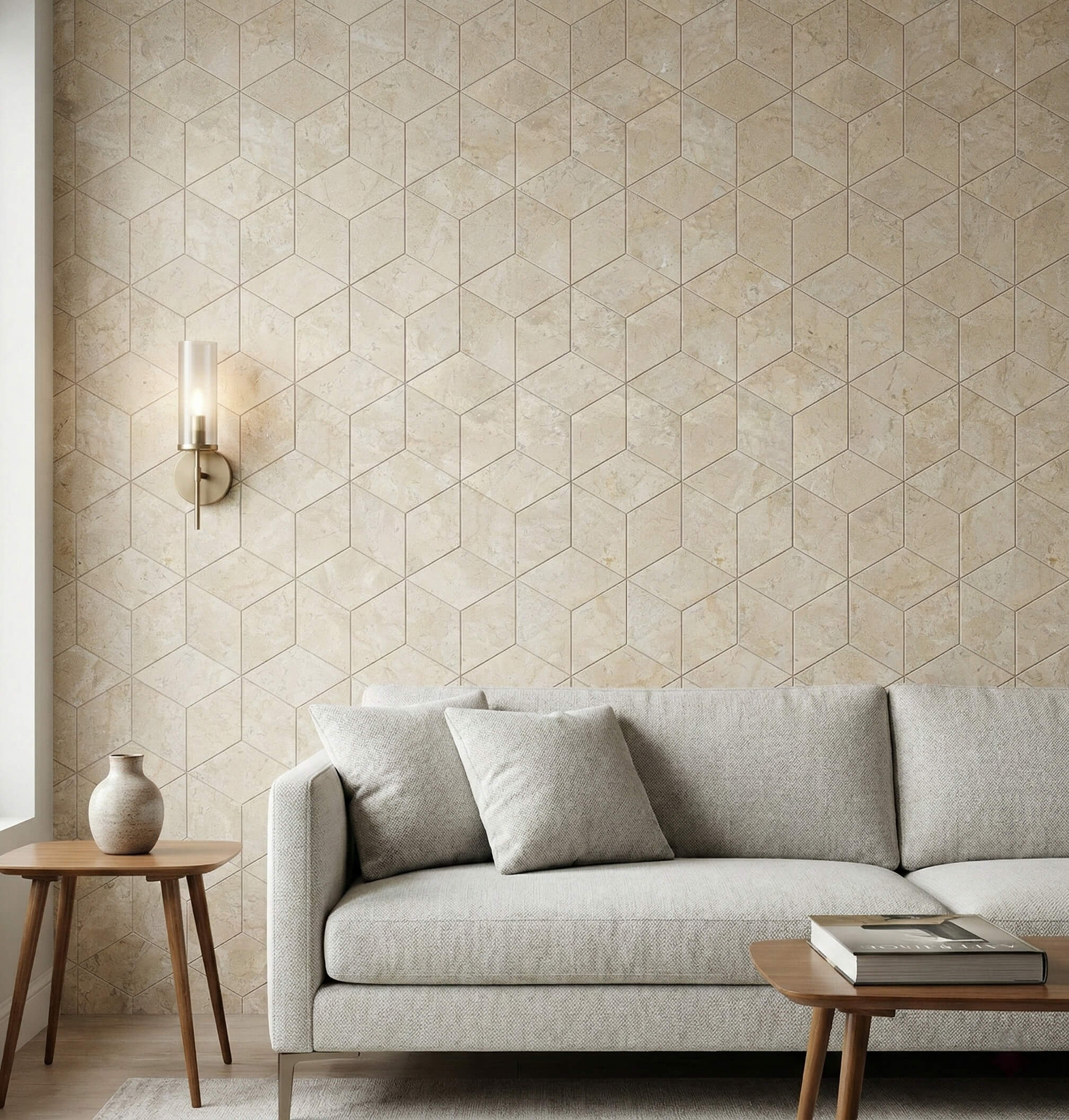 Bright living room in the United States with a Hyatt Gold hexagon honed marble tile accent wall behind a neutral sofa, highlighting beige natural stone wall tiles for modern interiors.