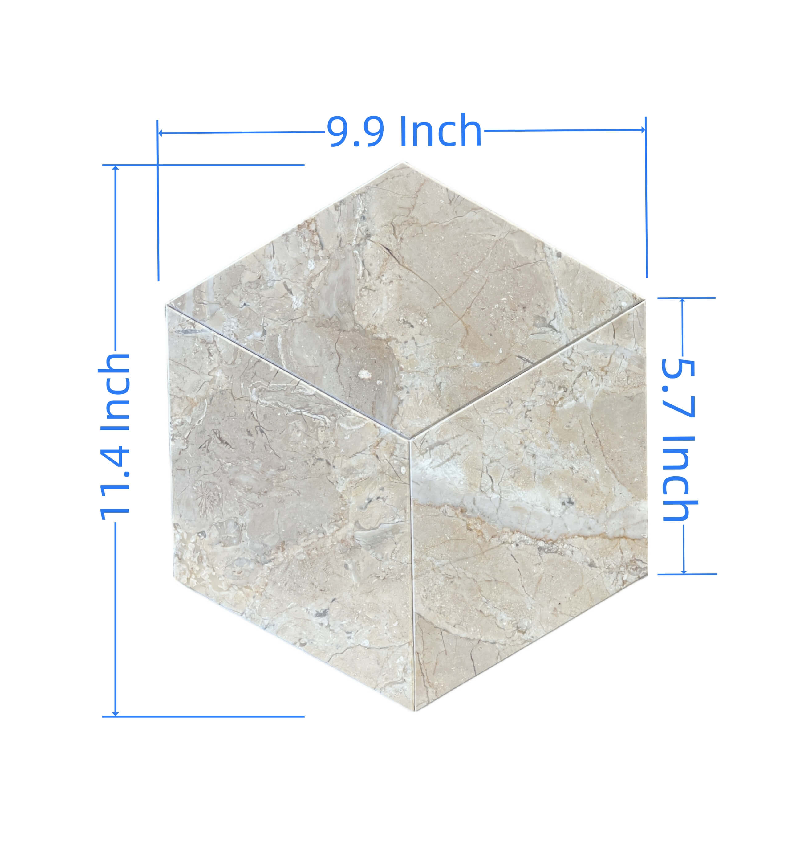 Dimensions of the Hyatt Gold natural marble hexagon tile, measuring 11.4 inches by 9.9 inches. Easy to assemble for stunning floor and wall patterns.