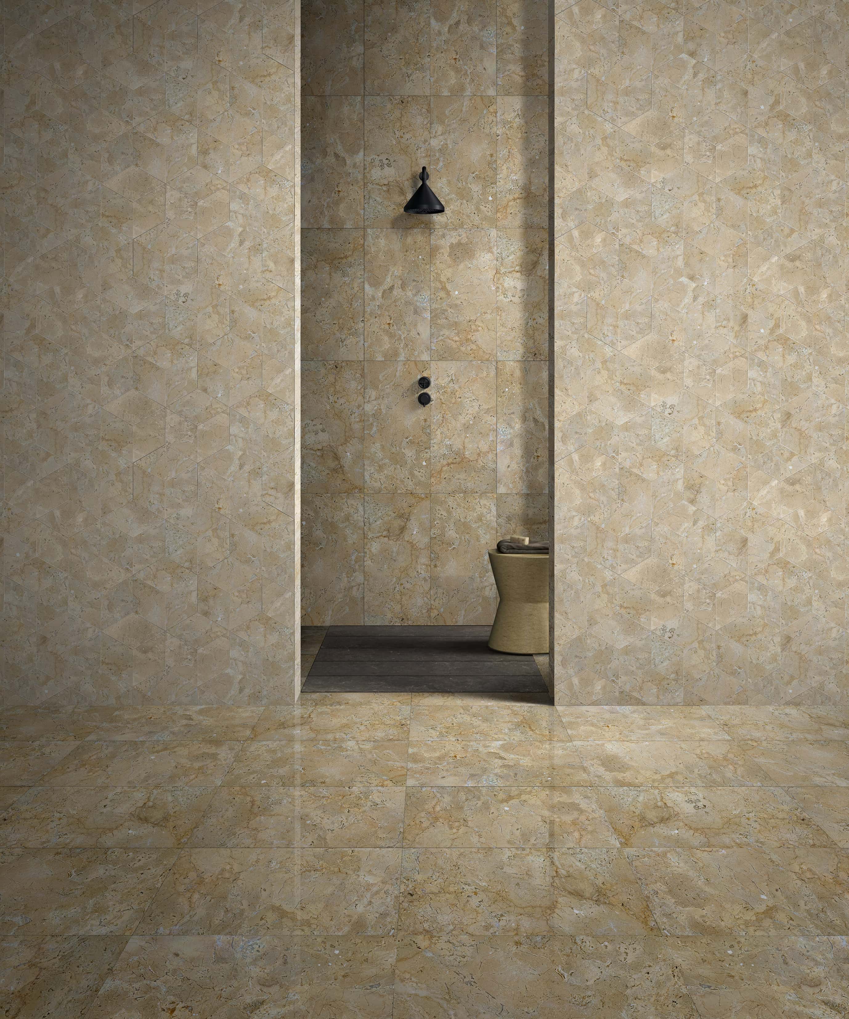 Stunning bathroom shower design combining 12x24 Hyatt Gold polished tiles on the floor and middle wall, beautifully framed by our exclusive honed hexagon marble tiles on the side walls. 100% natural stone.
