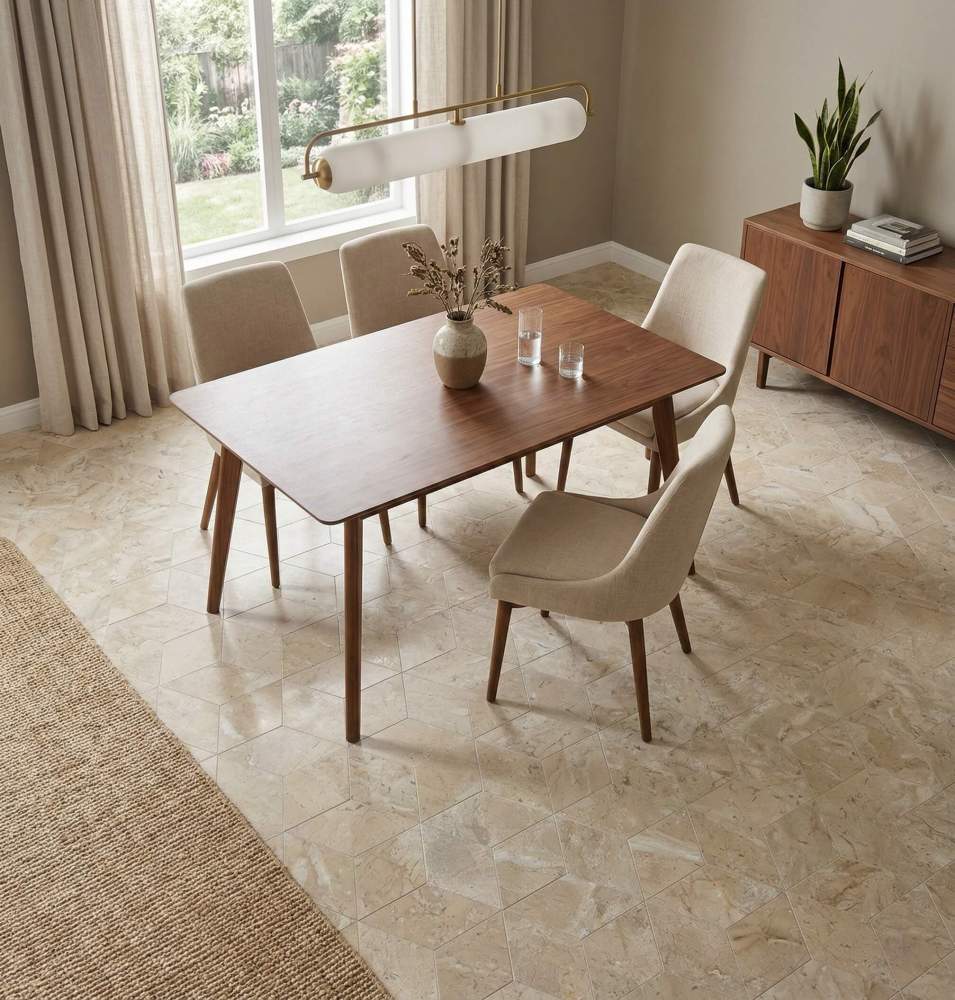 Elegant dining room featuring Gold Beige Yellow natural marble hexagon floor tiles. Each honed piece is uniquely crafted by nature, elevating your residential interior space.