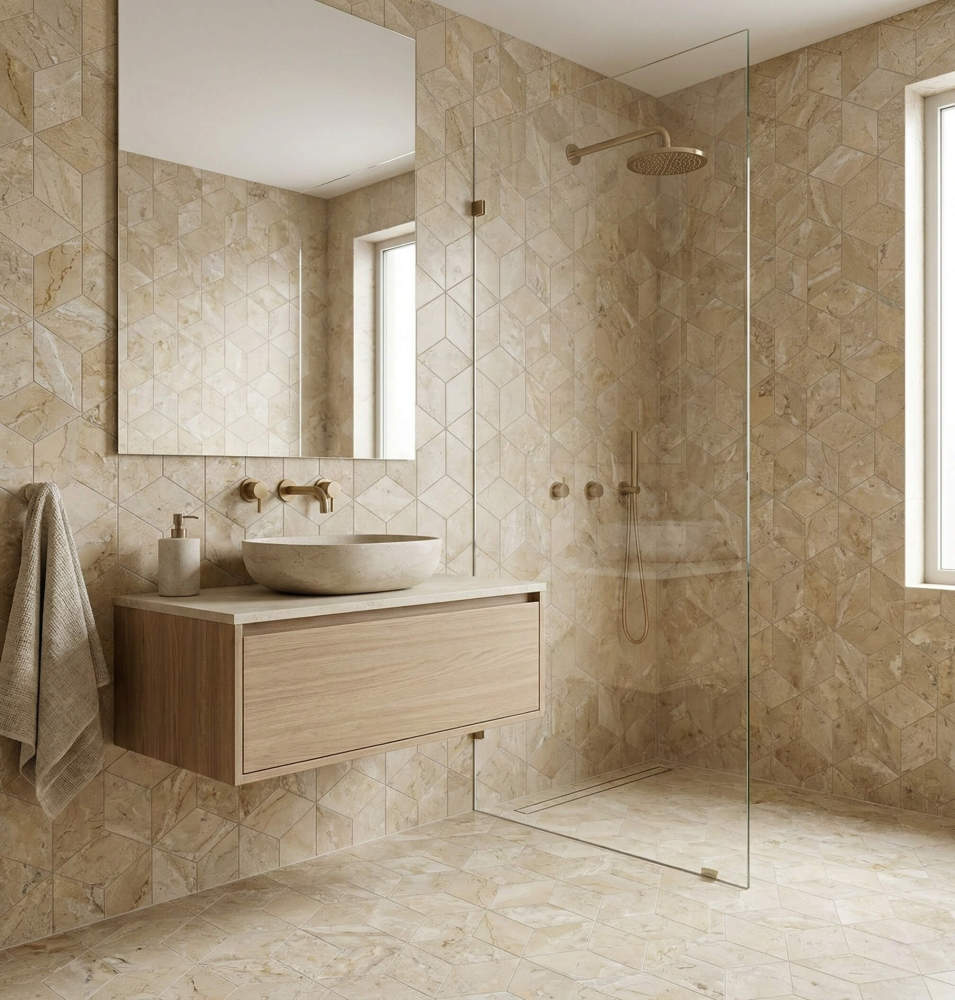 Luxurious bathroom and walk-in shower featuring Hyatt Gold honed marble hexagon tiles. The elegant honed finish offers a distinct texture perfect for enhancing wet areas.