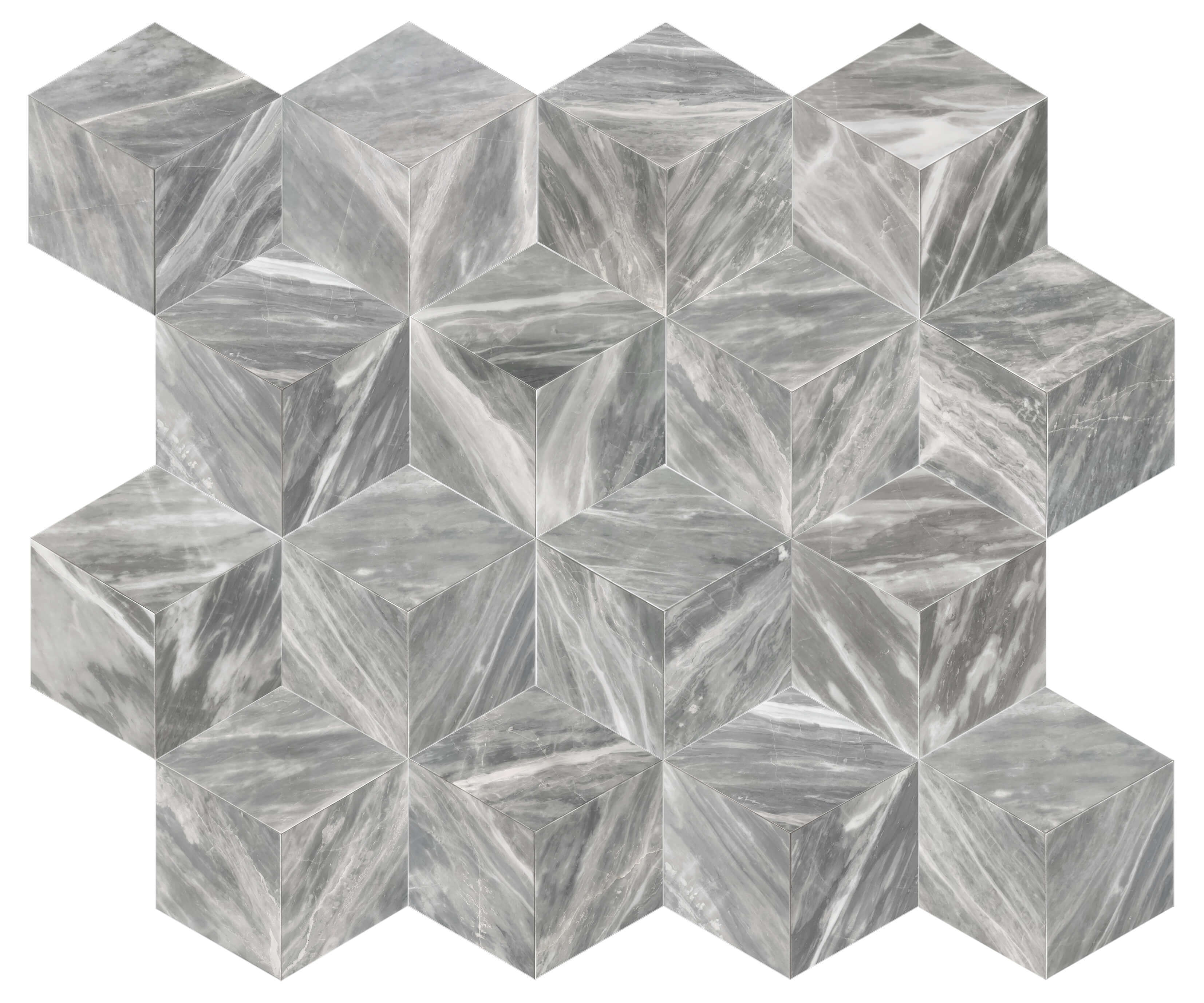 Seamless 3D cube pattern layout created with 16 pieces of Carrara gray hexagon marble tiles, perfectly easy to assemble for walls and floors.