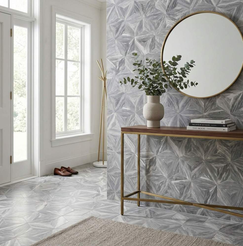 Welcoming foyer featuring Carrara gray 3D hexagon marble tiles on both the wall and floor, showcasing a seamless transition and exclusive natural elegance.
