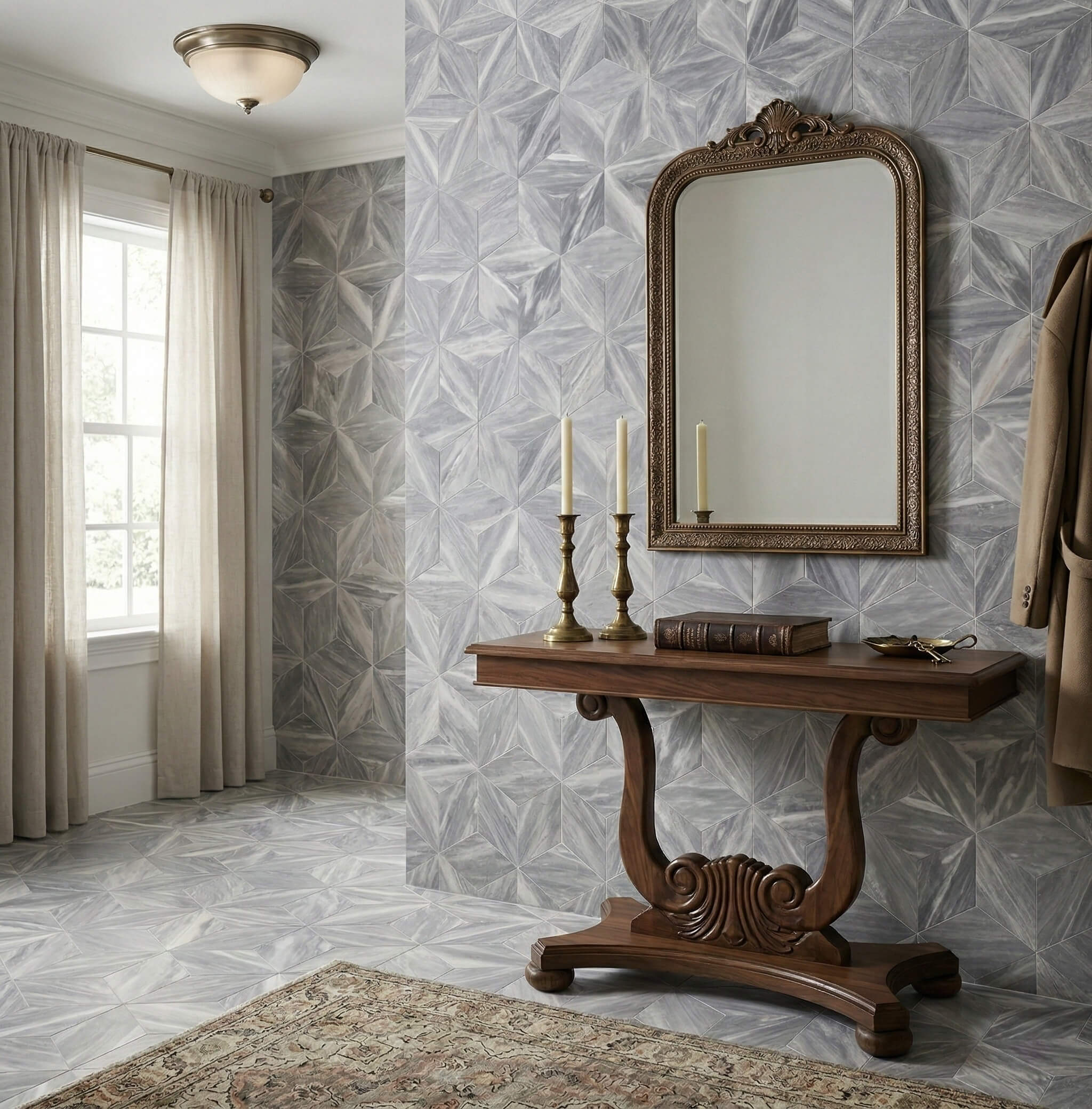 Elegant entryway featuring Carrara gray hexagon honed marble tiles on the wall, creating a stunning 3D cube visual effect for a high-end welcome.