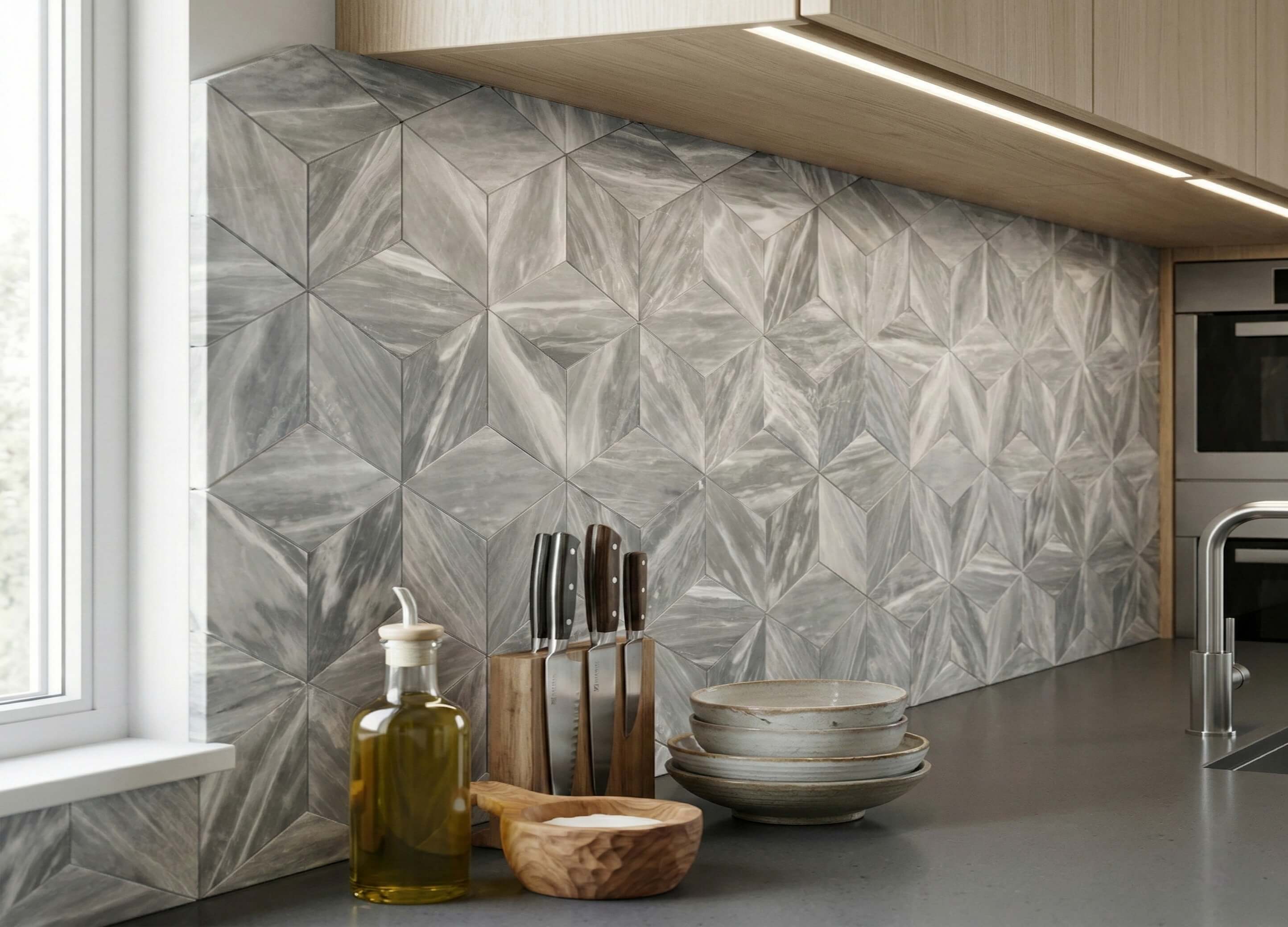 Modern kitchen featuring a stunning Carrara gray 3D marble tile backsplash, perfectly blending unique natural beauty with everyday functionality.