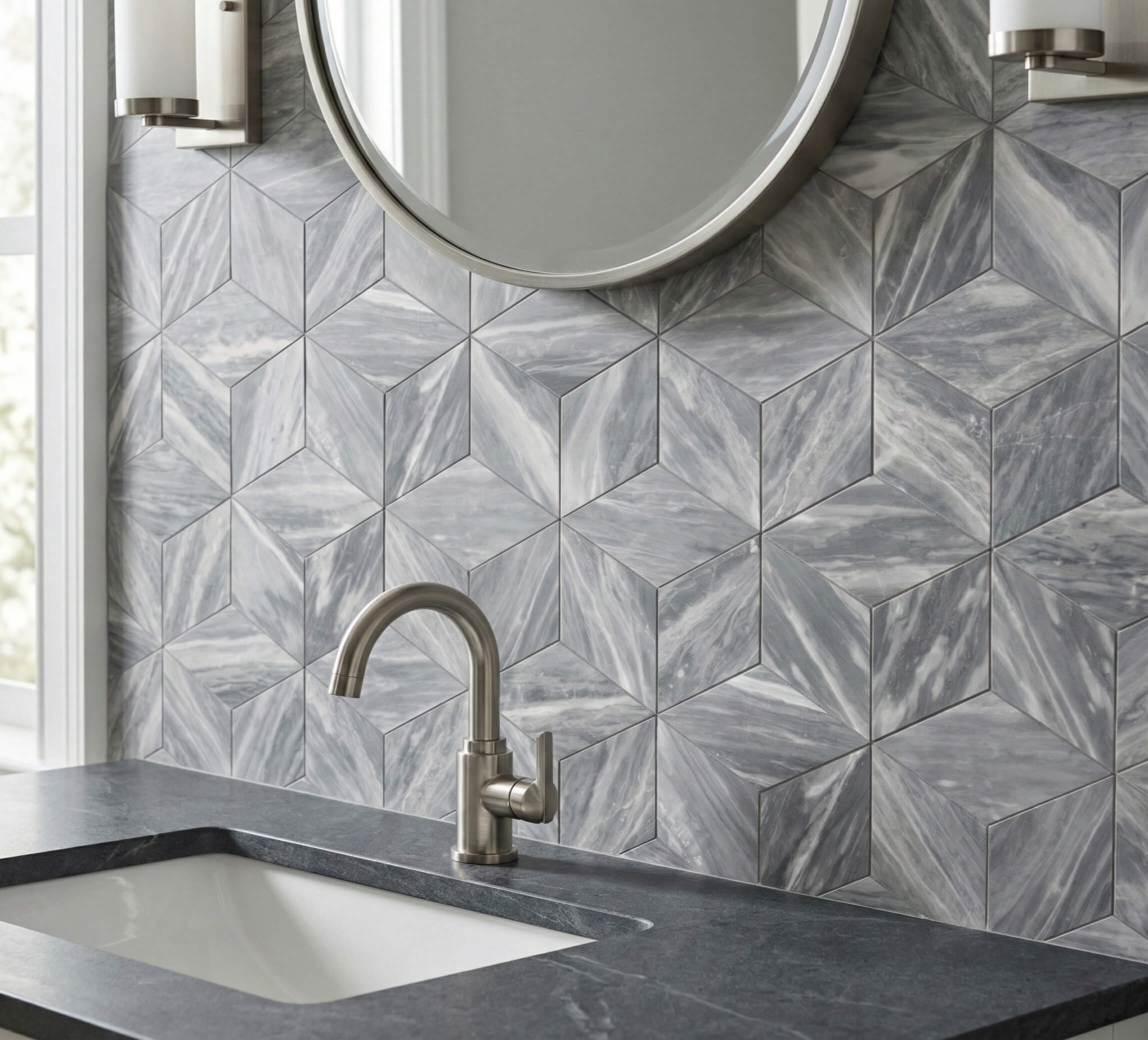 Detailed view of a bathroom vanity adorned with Carrara gray honed hexagon marble tiles, proving that every single natural stone piece is uniquely beautiful.