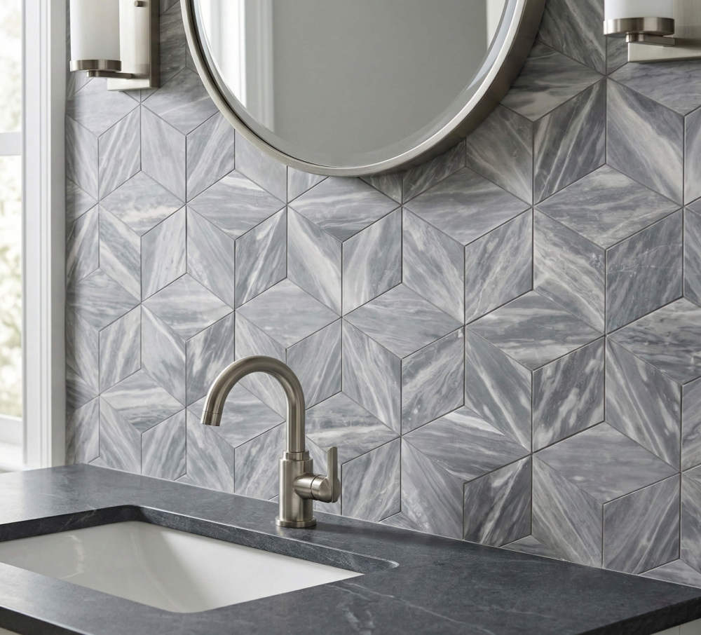 Detailed view of a bathroom vanity adorned with Carrara gray honed hexagon marble tiles, proving that every single natural stone piece is uniquely beautiful.