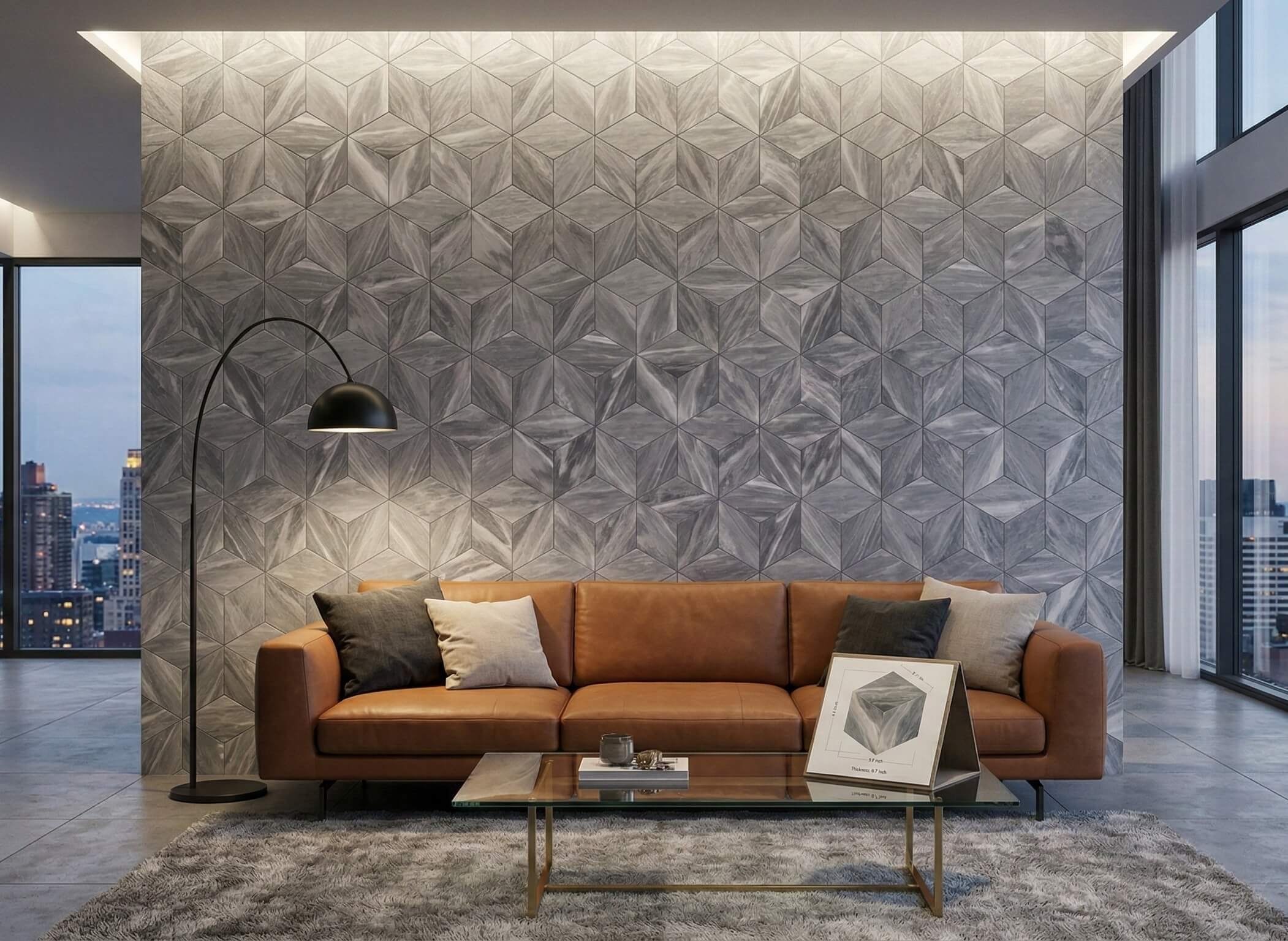 High-end living room showcasing a massive Carrara gray 3D marble tile accent wall, elevating the space with an exclusive, modern geometric design.