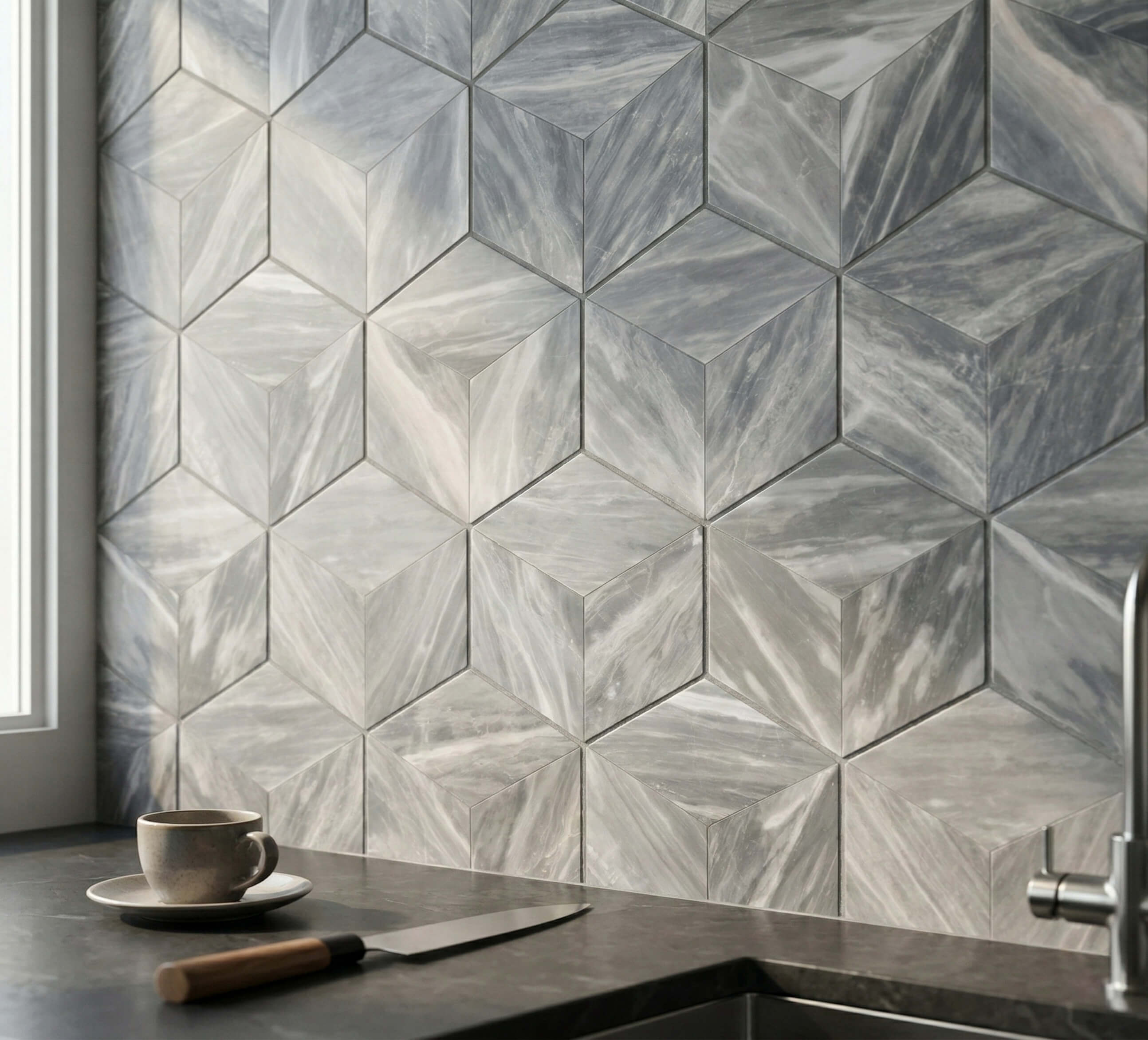 Close-up of a kitchen backsplash using honed Carrara gray hexagon marble tiles, showcasing the 100% natural stone texture and seamless 3D geometric pattern.