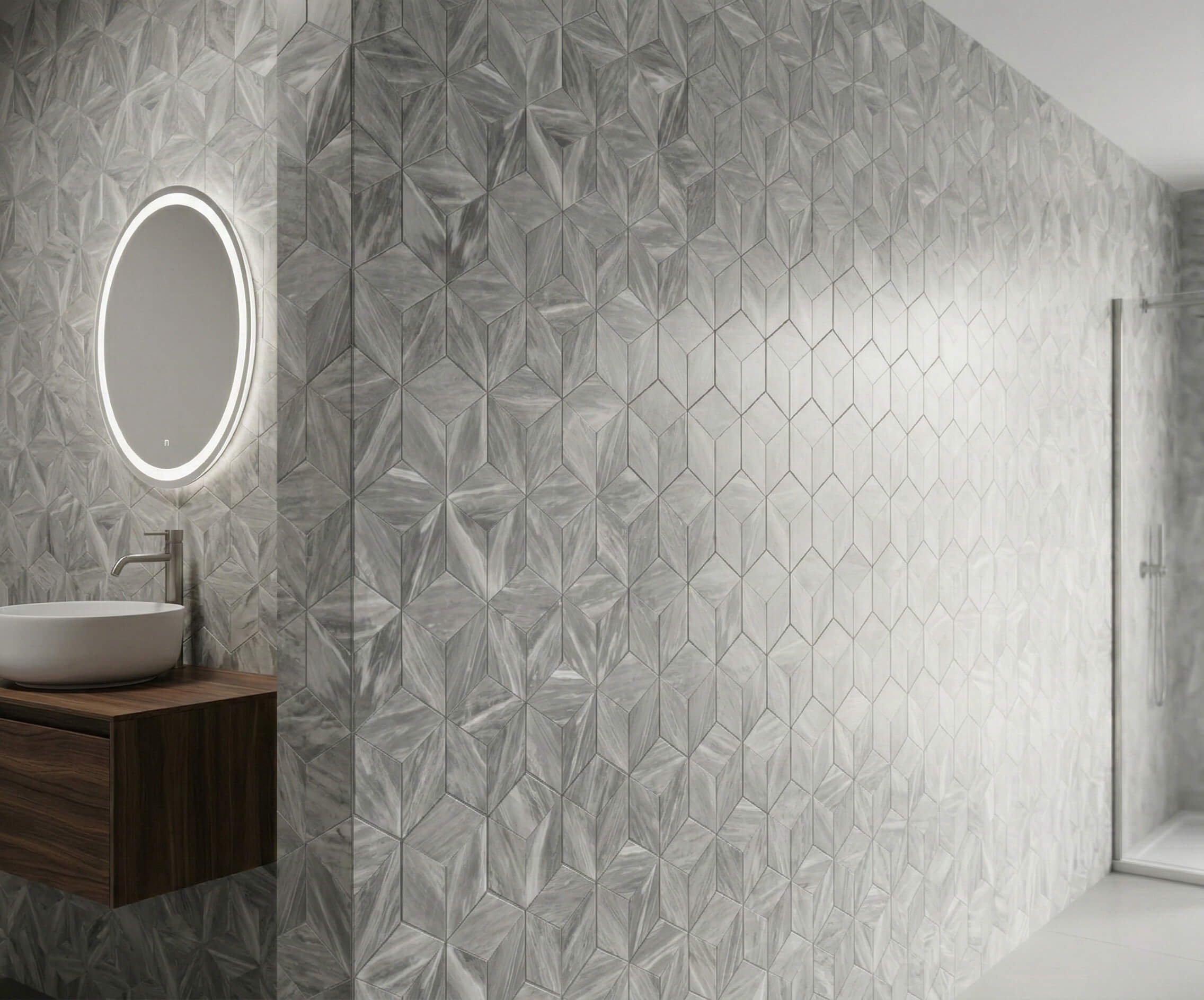 Luxury bathroom interior featuring a full wall of Carrara gray hexagon marble tiles, delivering a spa-like aesthetic with 100% unique natural stone.