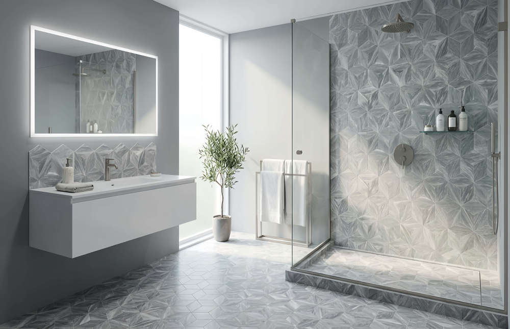 Luxury spa-like bathroom design fully clad in Carrara gray honed hexagon marble tiles, perfect for wet areas like walk-in showers and vanity backsplashes.