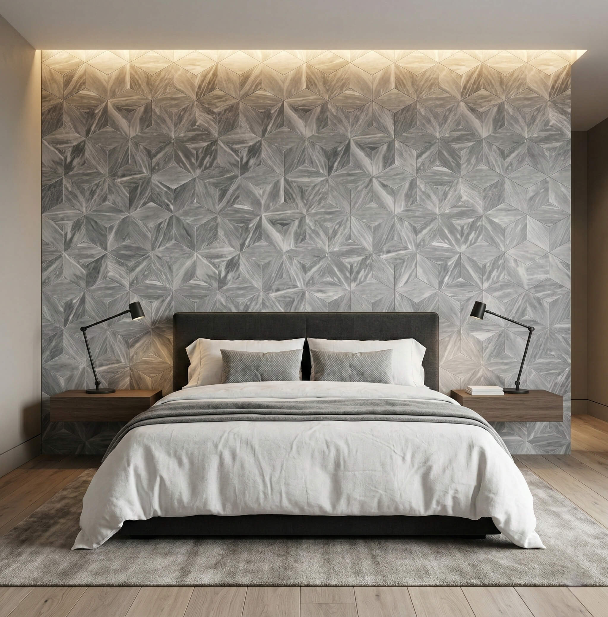 Modern bedroom design with an exclusive Carrara gray 3D hexagon honed marble tile accent wall, highlighting the unique natural stone veining.