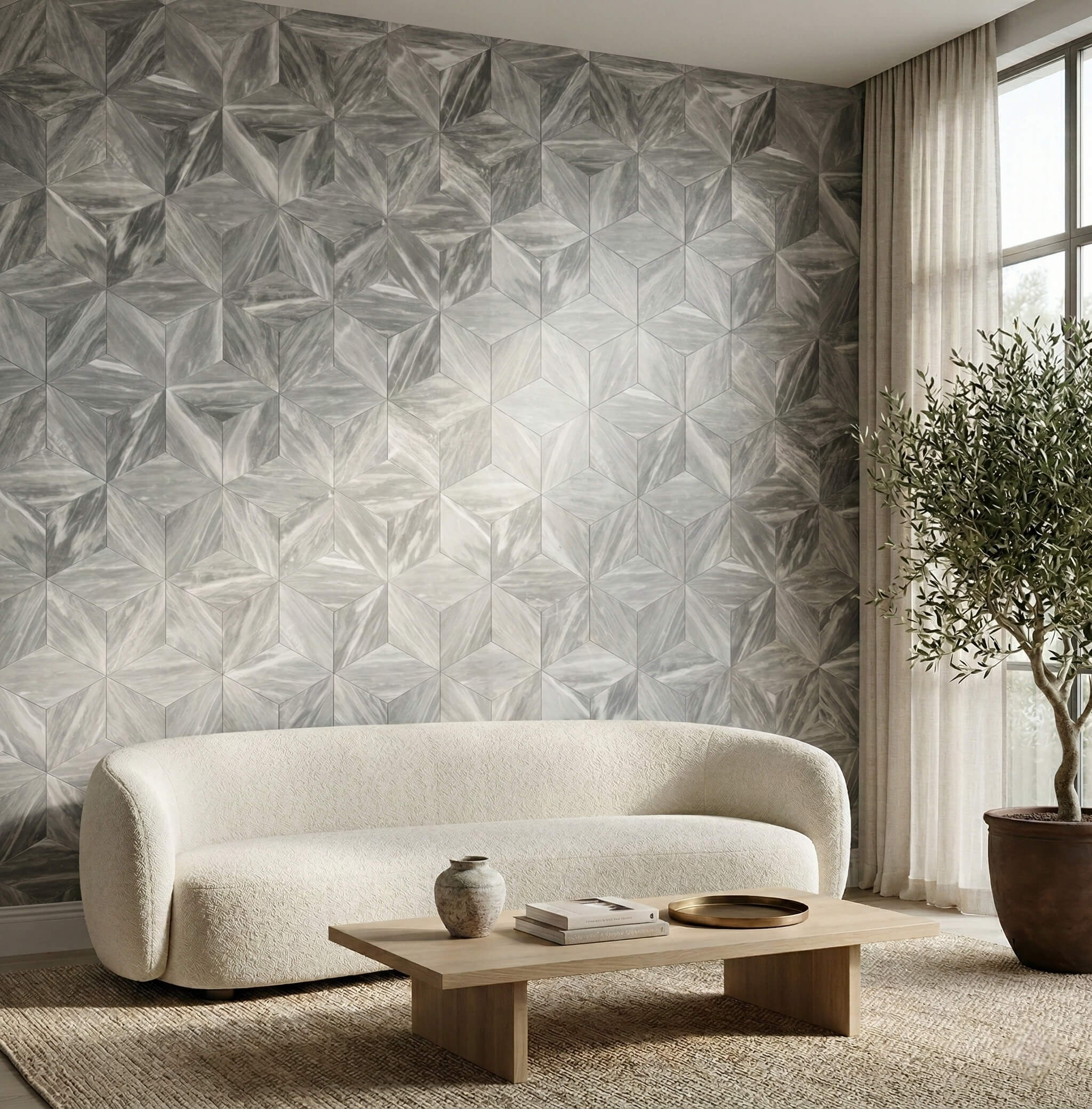 Cozy modern living space enhanced by a stunning Carrara gray marble 3D accent wall, bringing 100% natural stone beauty to residential interiors.