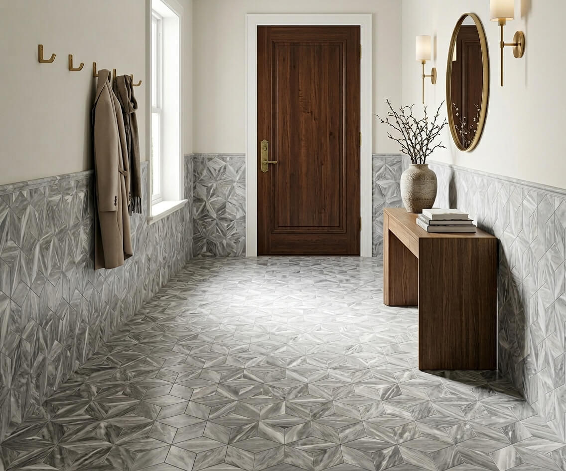 Sophisticated hallway utilizing Carrara gray honed marble tiles for both flooring and wainscoting, offering durable and exclusive natural stone elegance.