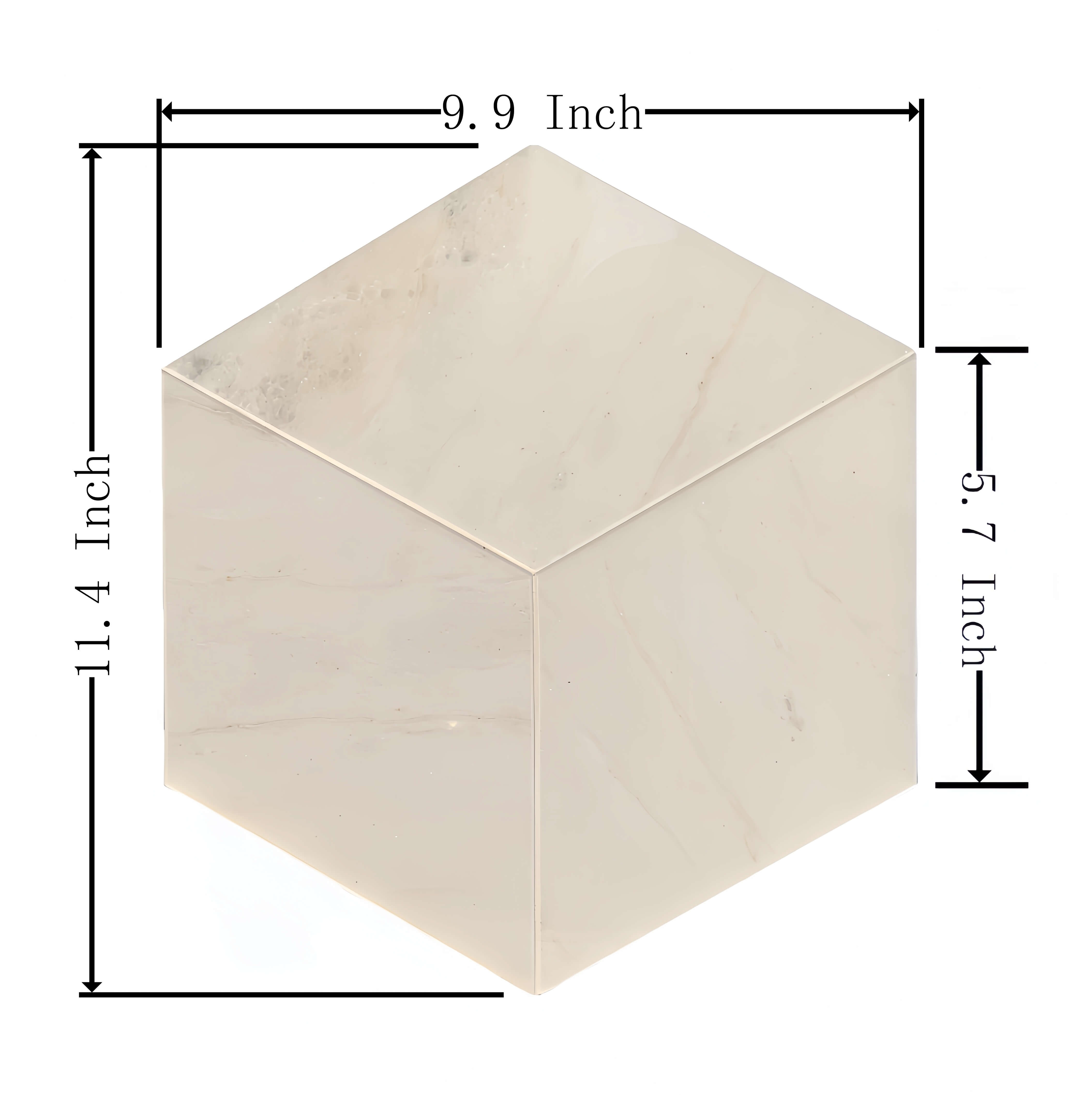 Precise dimensions of the 100% natural Snow Mountain White hexagon marble tile, measuring 9.9 inches in width and 11.4 inches in length.