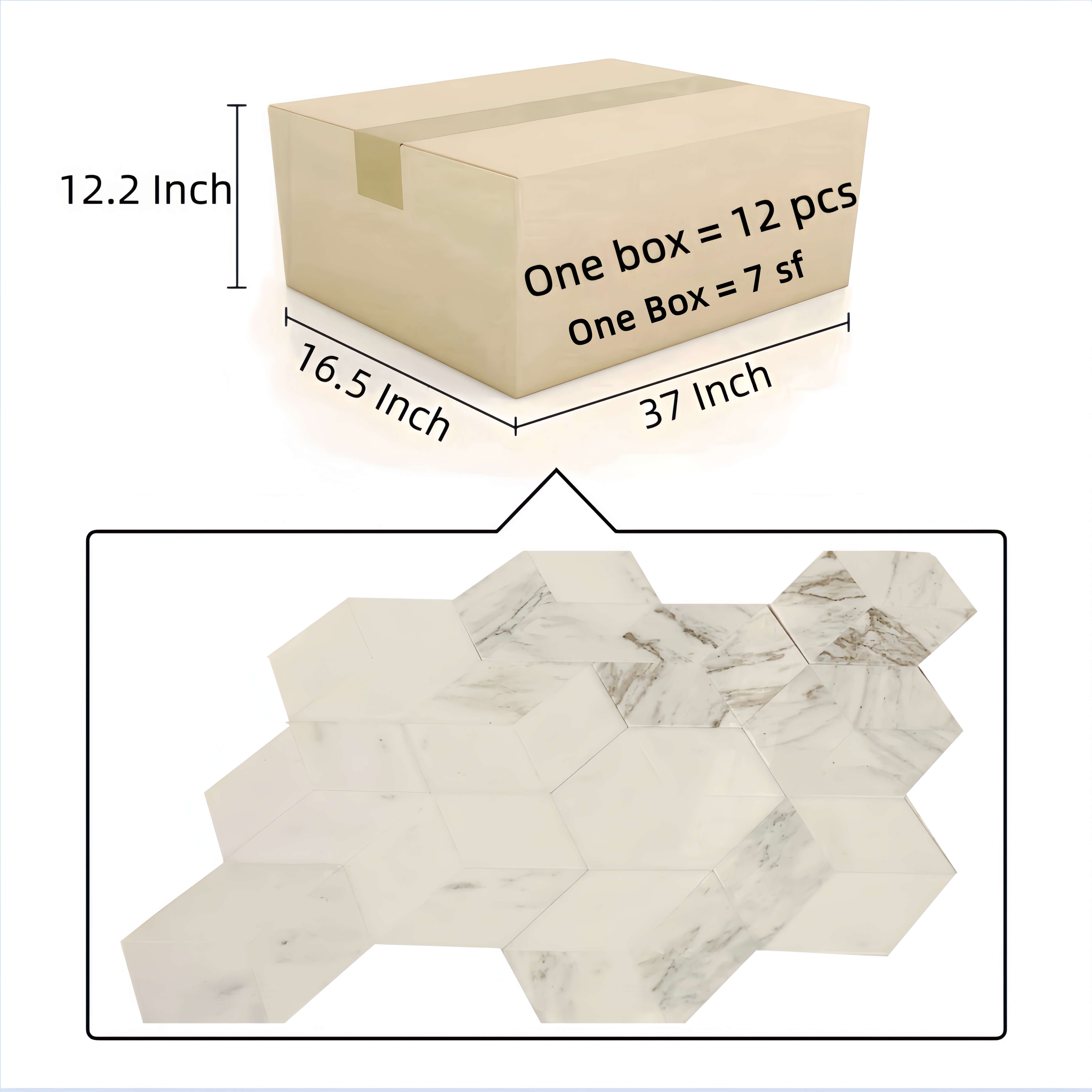 Secure, damage-resistant packaging for Snow Mountain White hexagon marble tiles. One box contains 12 pieces covering 7 square feet, ready to ship from our US warehouse.