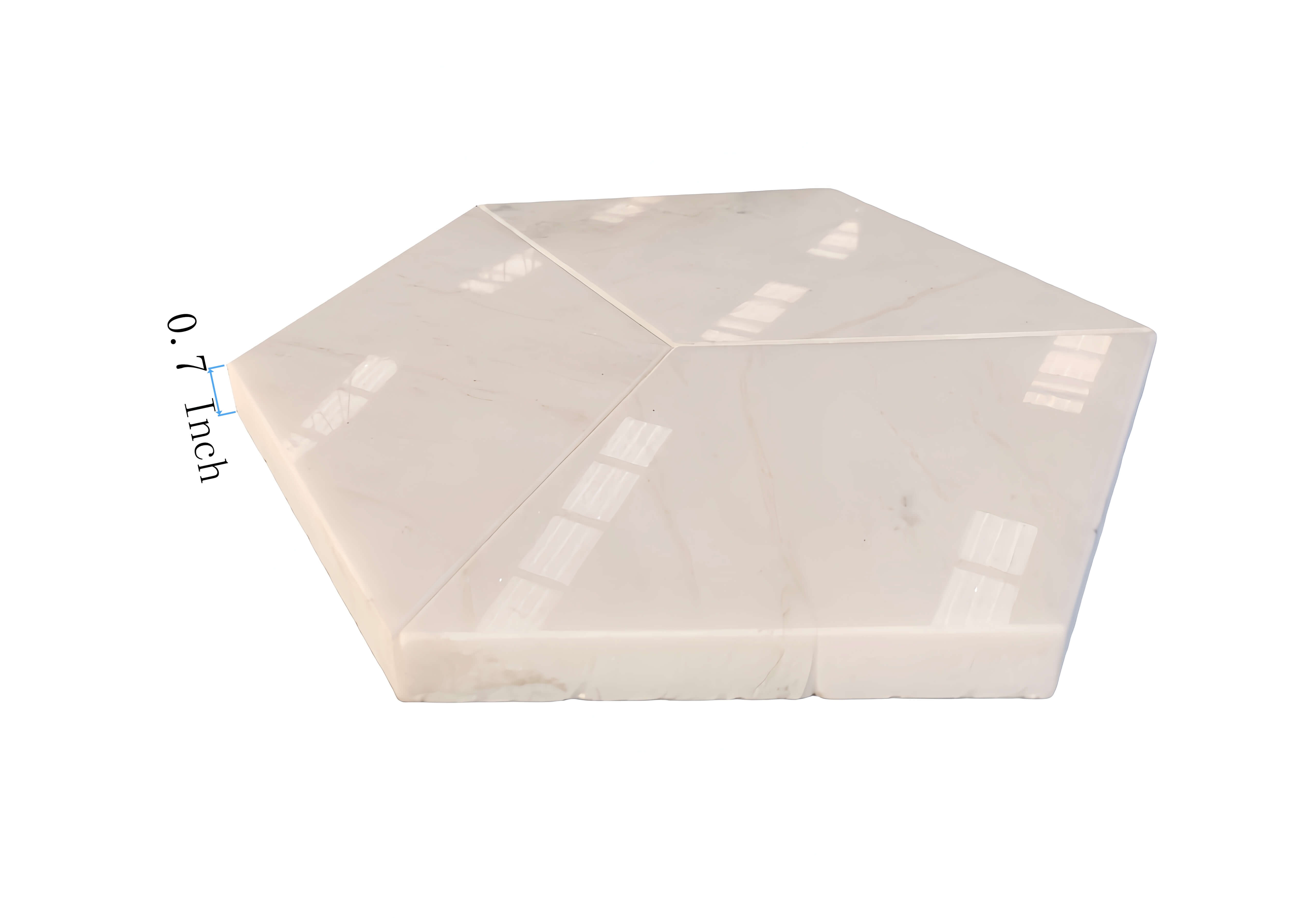 Side profile showing the durable 0.7-inch thickness of our premium Snow Mountain White natural marble hexagon tile.