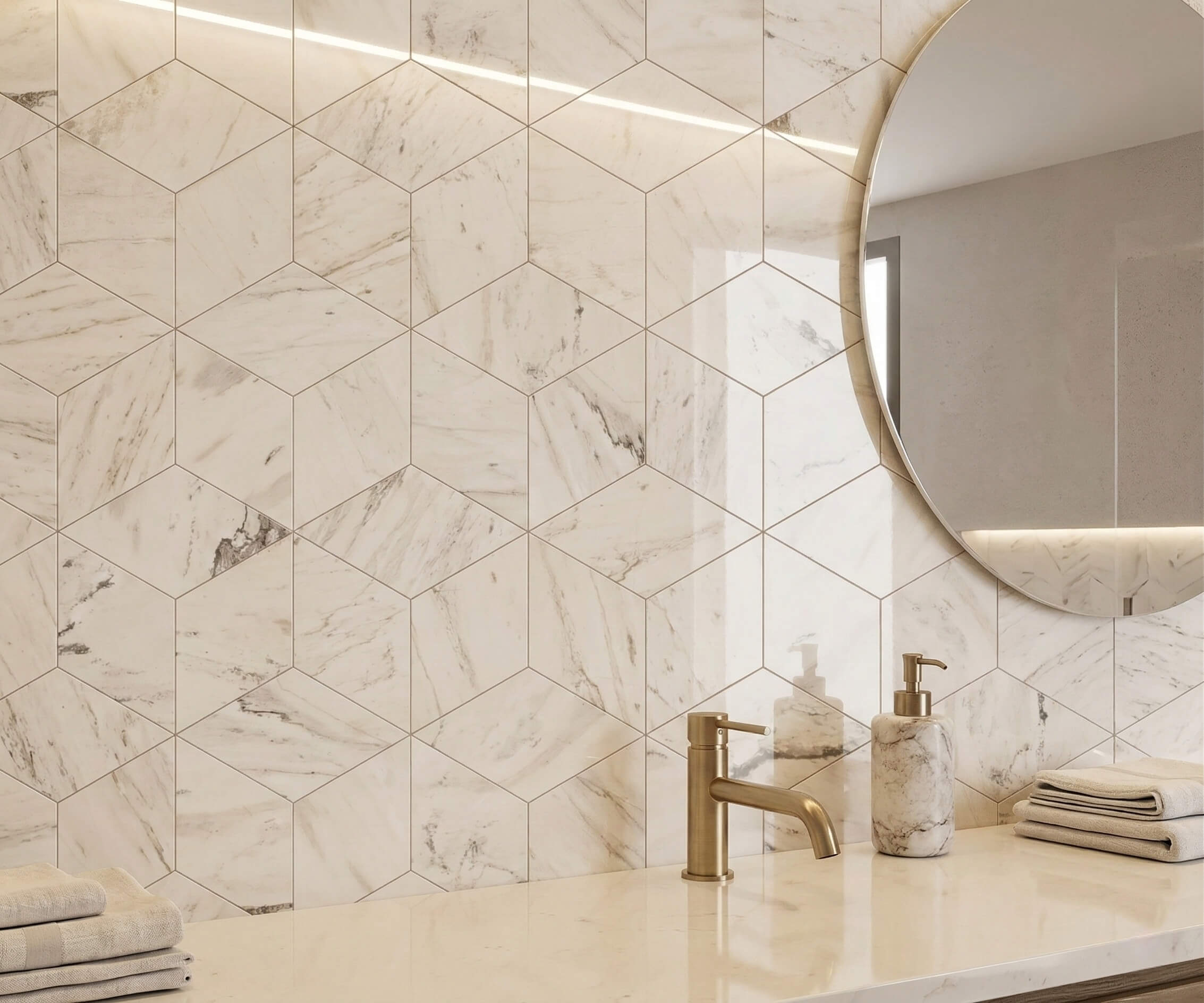 High-end bathroom vanity featuring a unique 3D cube pattern created by natural Snow Mountain White hexagon marble polished tiles.