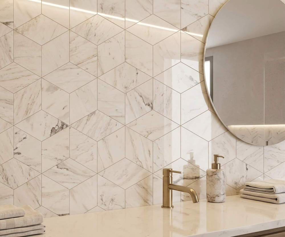 High-end bathroom vanity featuring a unique 3D cube pattern created by natural Snow Mountain White hexagon marble polished tiles.