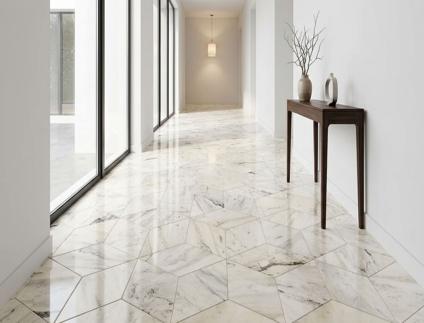 Bright, minimalist corridor showcasing the elegant, reflective surface of Snow Mountain White hexagon polished marble floor tiles under natural light.