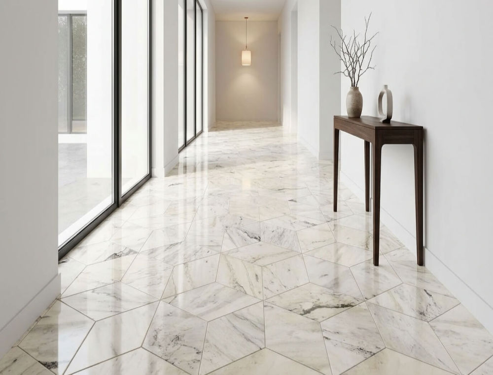Bright, minimalist corridor showcasing the elegant, reflective surface of Snow Mountain White hexagon polished marble floor tiles under natural light.