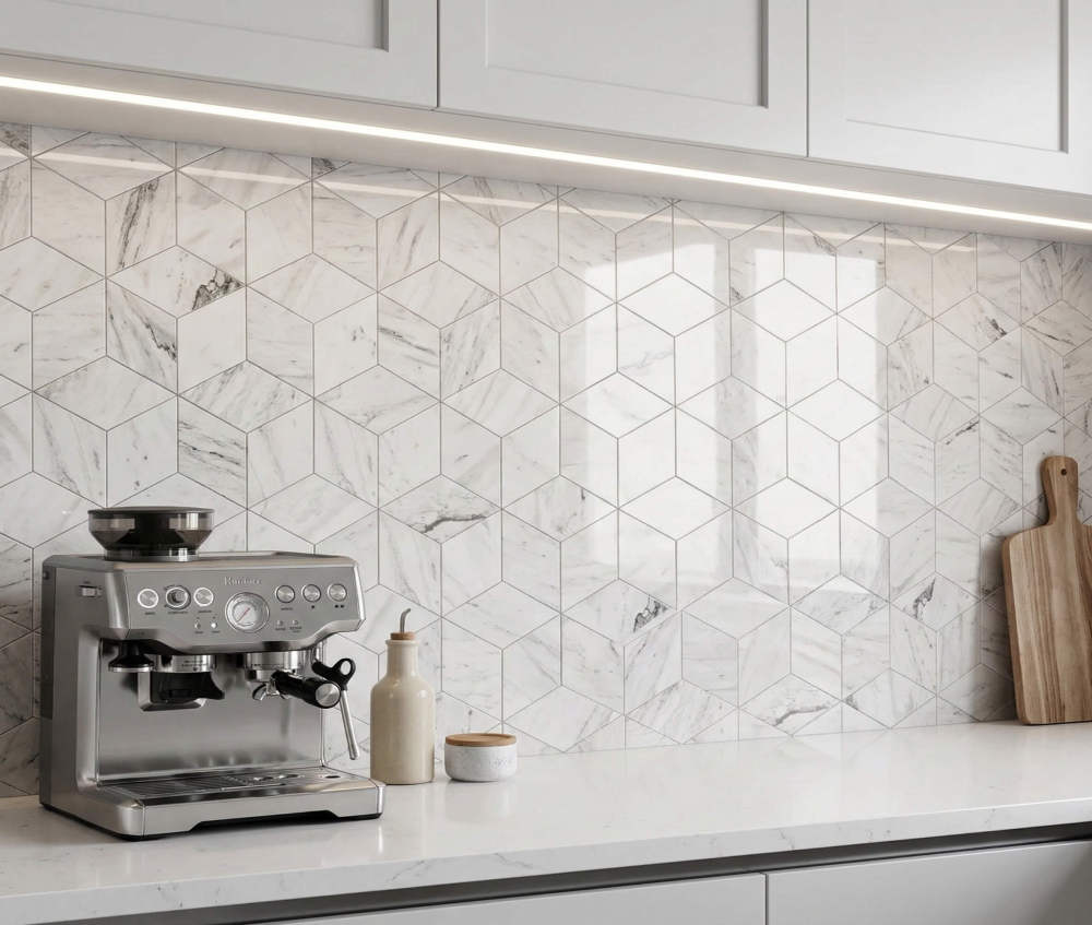 Beautifully crafted Snow Mountain White hexagon marble tile backsplash adding a touch of luxury to a home coffee station and kitchen counter.