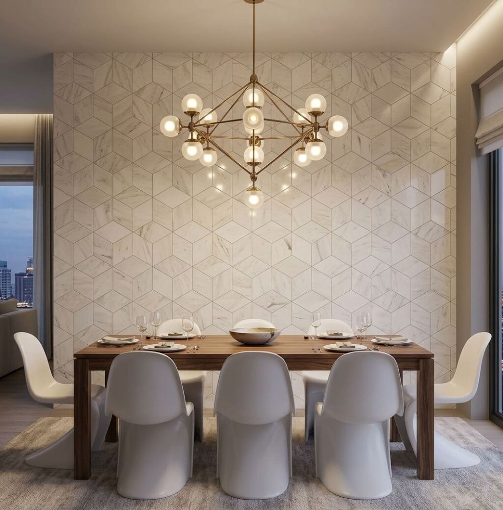 Sophisticated dining room accented by a large-scale 3D geometric wall installation of Snow Mountain White natural marble hexagon tiles.