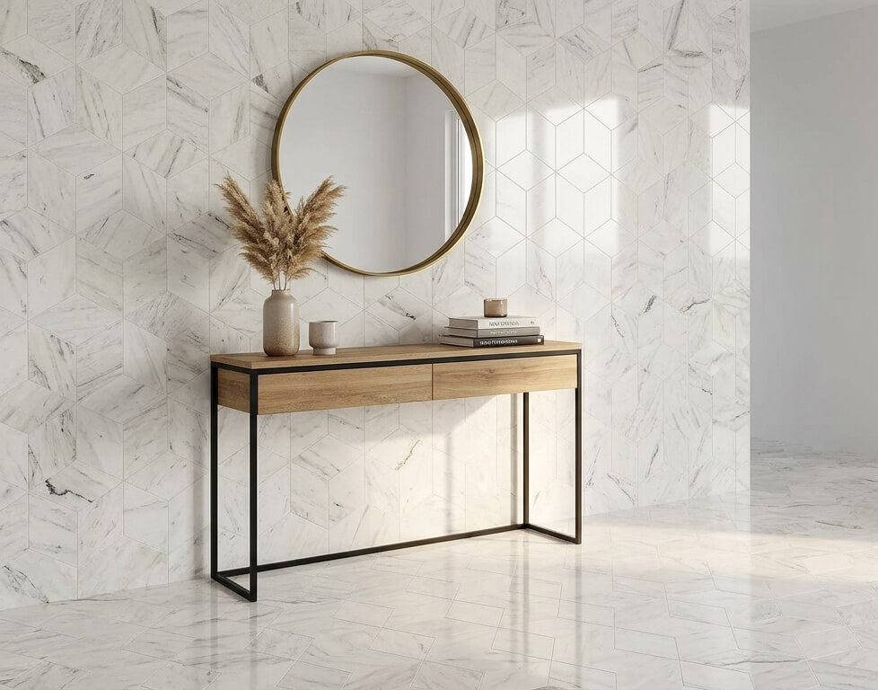 Elegant entryway console table set against a striking feature wall made of exclusive Snow Mountain White hexagon polished marble tiles.