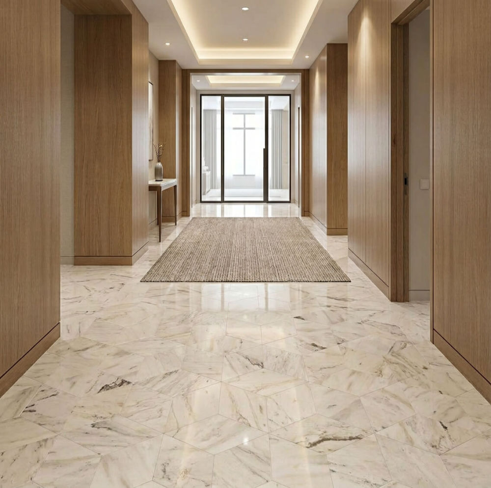 Seamless luxury hallway flooring utilizing durable Snow Mountain White polished hexagon marble tiles with natural, one-of-a-kind veining.