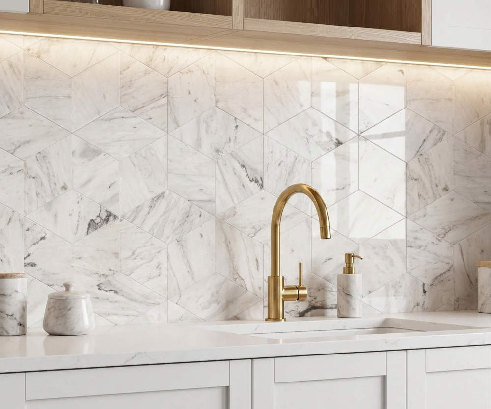 Close-up of polished Snow Mountain White hexagon marble tiles used as a sophisticated kitchen backsplash, perfectly complementing luxury gold fixtures.