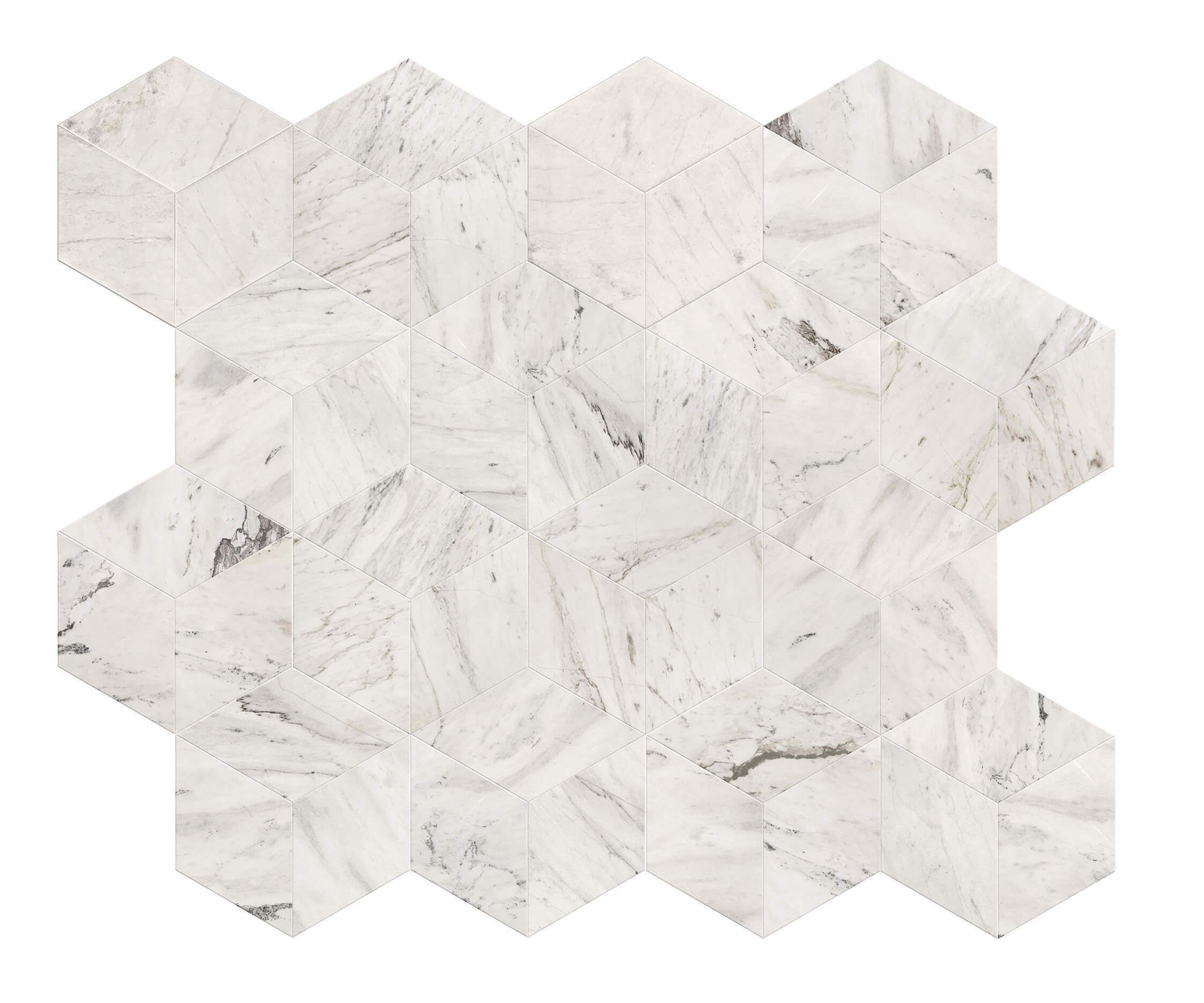 Stunning 3D geometric layout pattern created by interlocking multiple Snow Mountain White hexagon polished marble tiles.