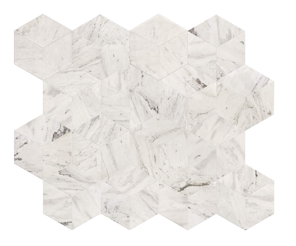 Stunning 3D geometric layout pattern created by interlocking multiple Snow Mountain White hexagon polished marble tiles.