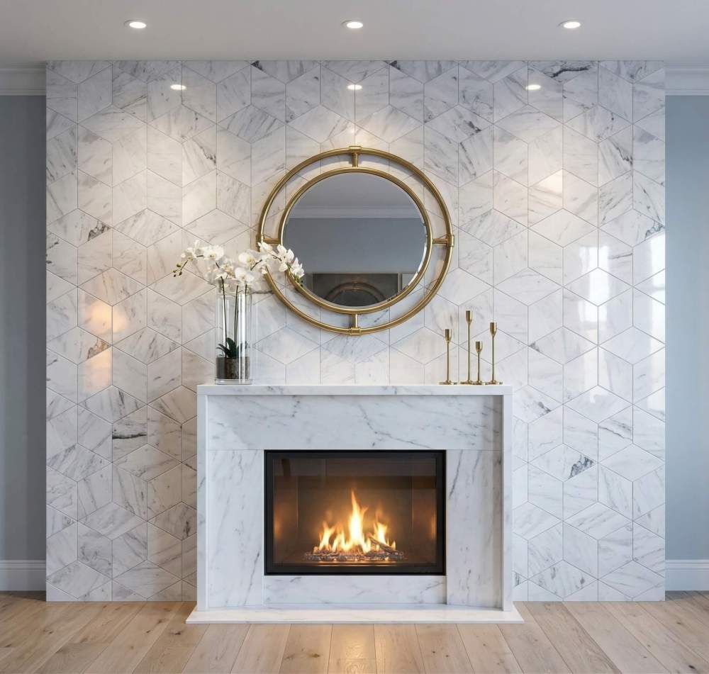Elegant living room featuring Snow Mountain White hexagon polished marble tiles creating a stunning 3D geometric fireplace surround.