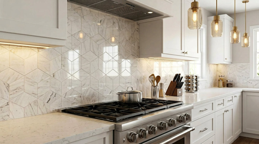 Luxury kitchen design showcasing a 100% natural Snow Mountain White marble hexagon tile backsplash with unique veining above a modern stove.
