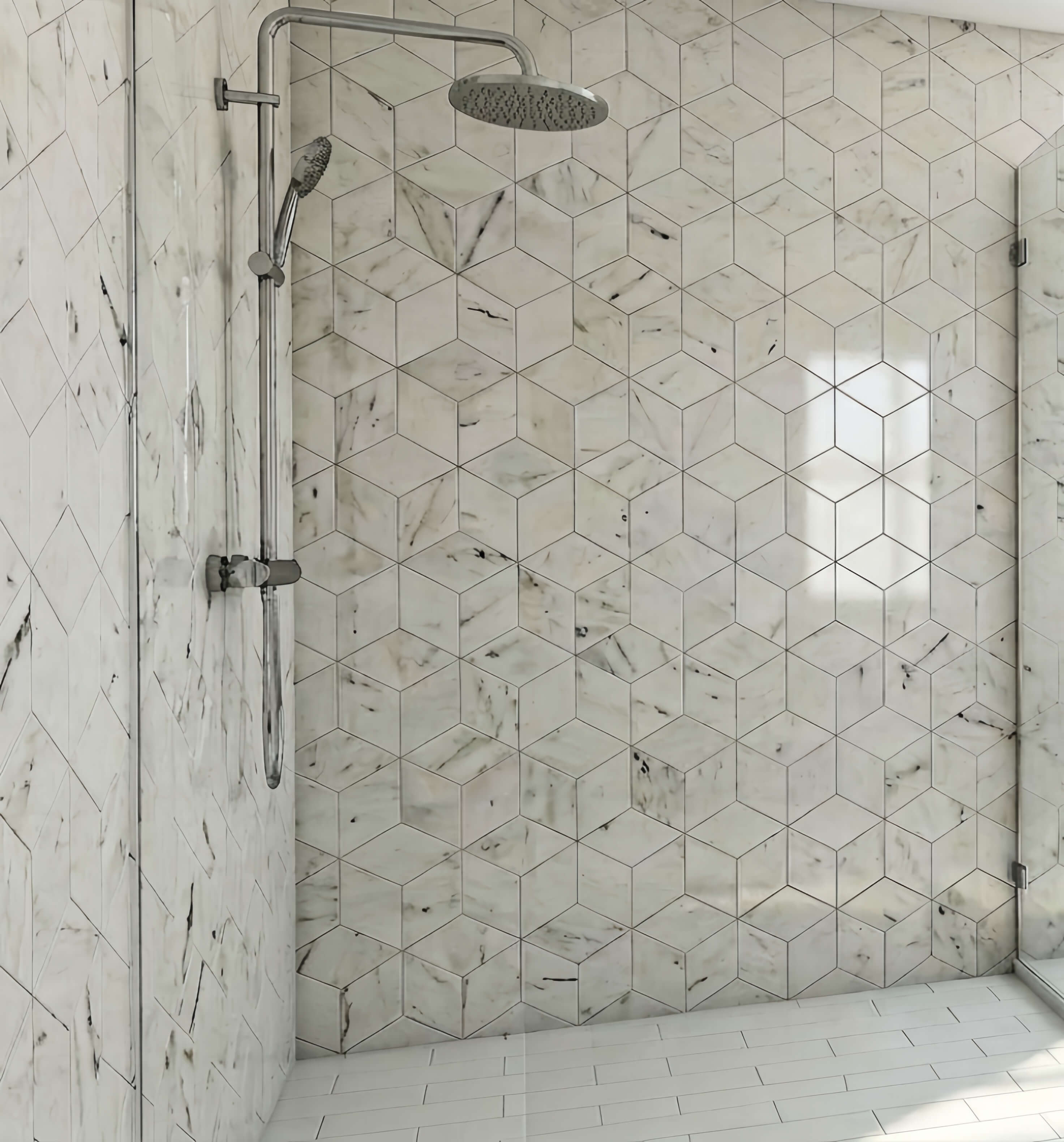 Walk-in shower featuring a stunning floor-to-ceiling installation of natural Snow Mountain White hexagon polished marble tiles with 3D geometric visual effect.